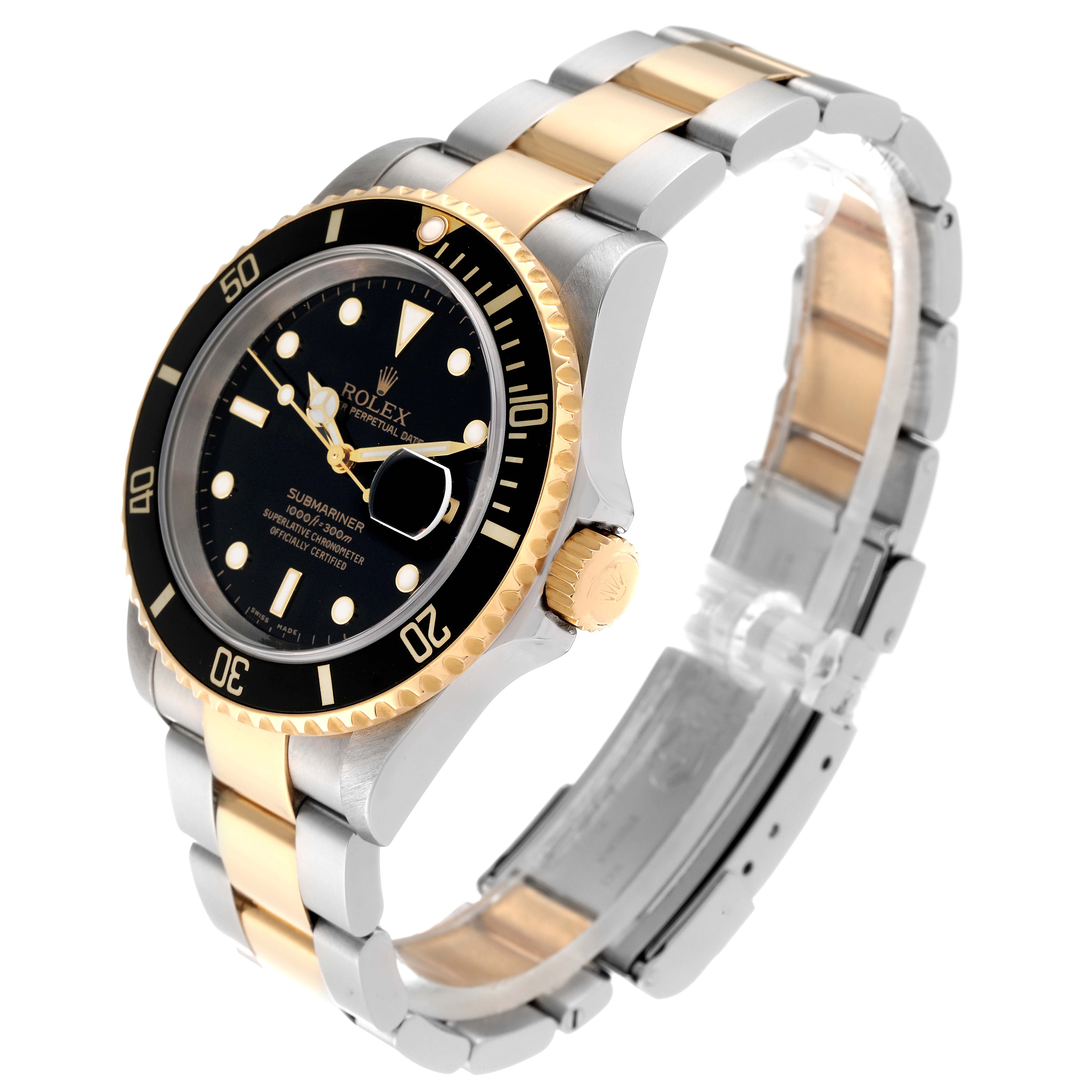 The image shows a Rolex Submariner 16613 Men's Steel and Gold (two tone) Black Dial 16613 Men's Steel and Gold (two tone) Black Dial watch in a three-quarter angle, highlighting the bezel, face, and two-tone bracelet.