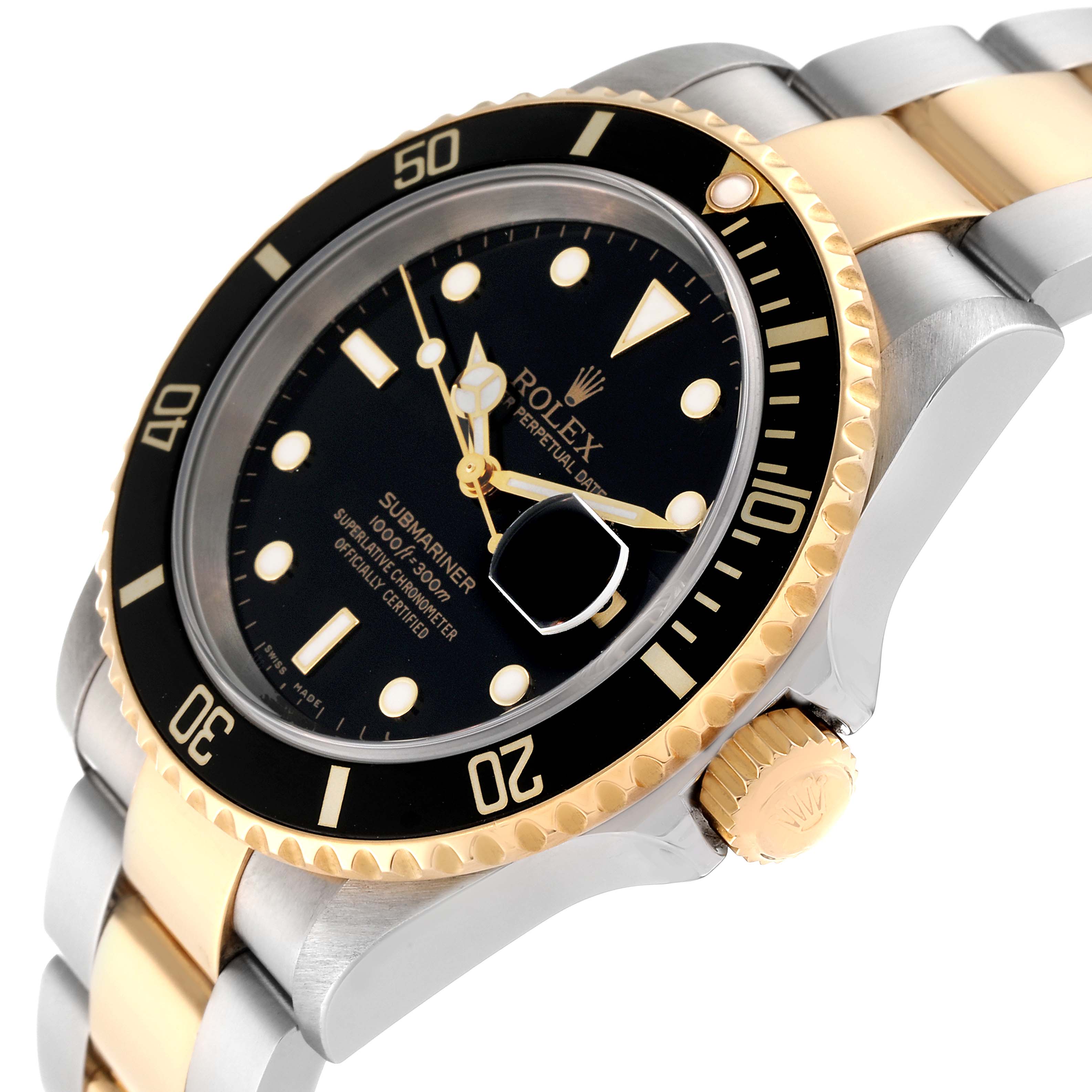 The image shows a close-up of the Rolex Submariner 16613 Men's Steel and Gold (two tone) Black Dial 16613 Men's Steel and Gold (two tone) Black Dial watch at an angle, highlighting the dial, bezel, and part of the bracelet.