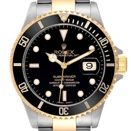 This Rolex Submariner watch is shown from a front angle, highlighting its black dial, gold accents, and date display.