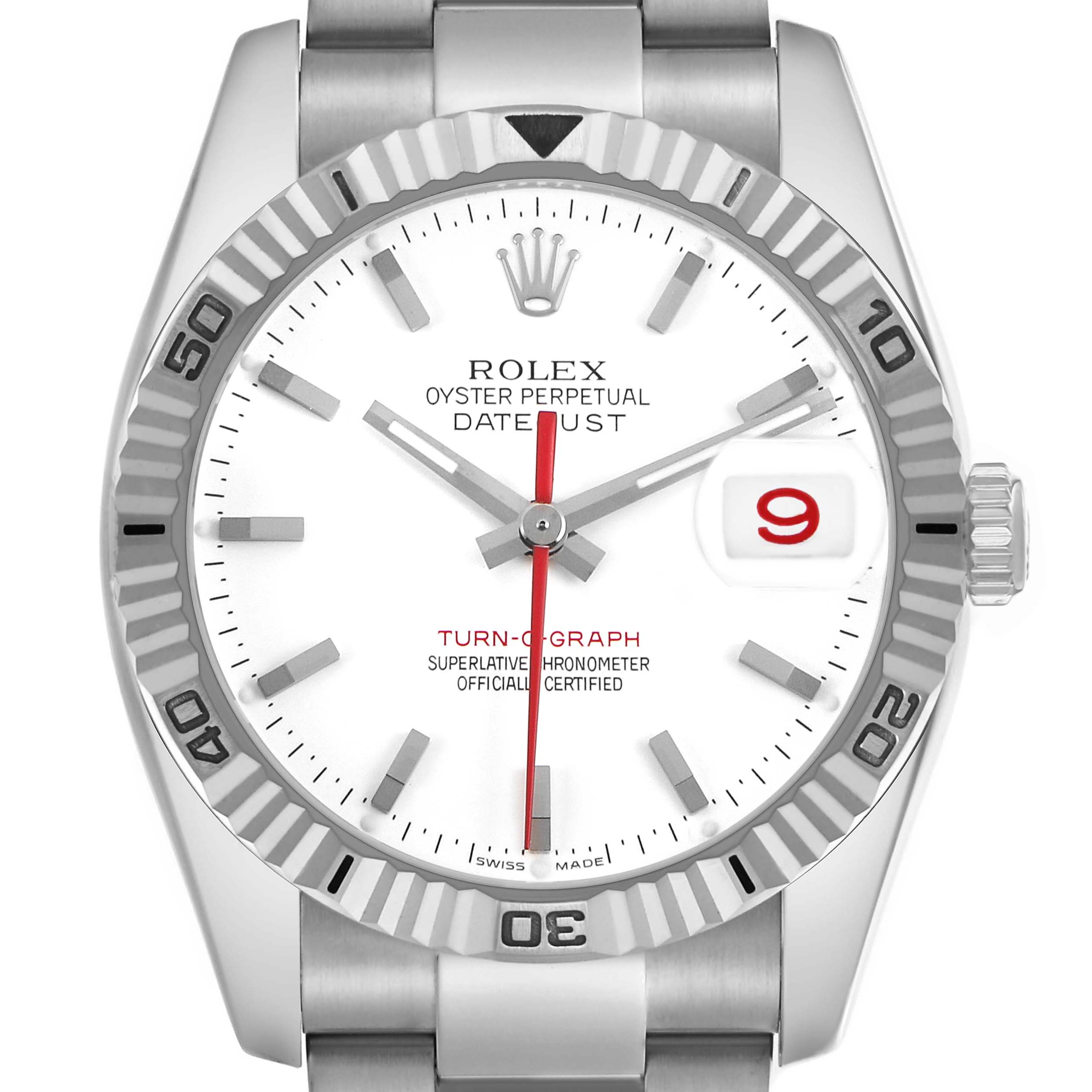 The image shows a front view of the Rolex Turn-o-Graph 116264 Men's Stainless Steel White Dial, highlighting its bezel, dial, crown, and bracelet.