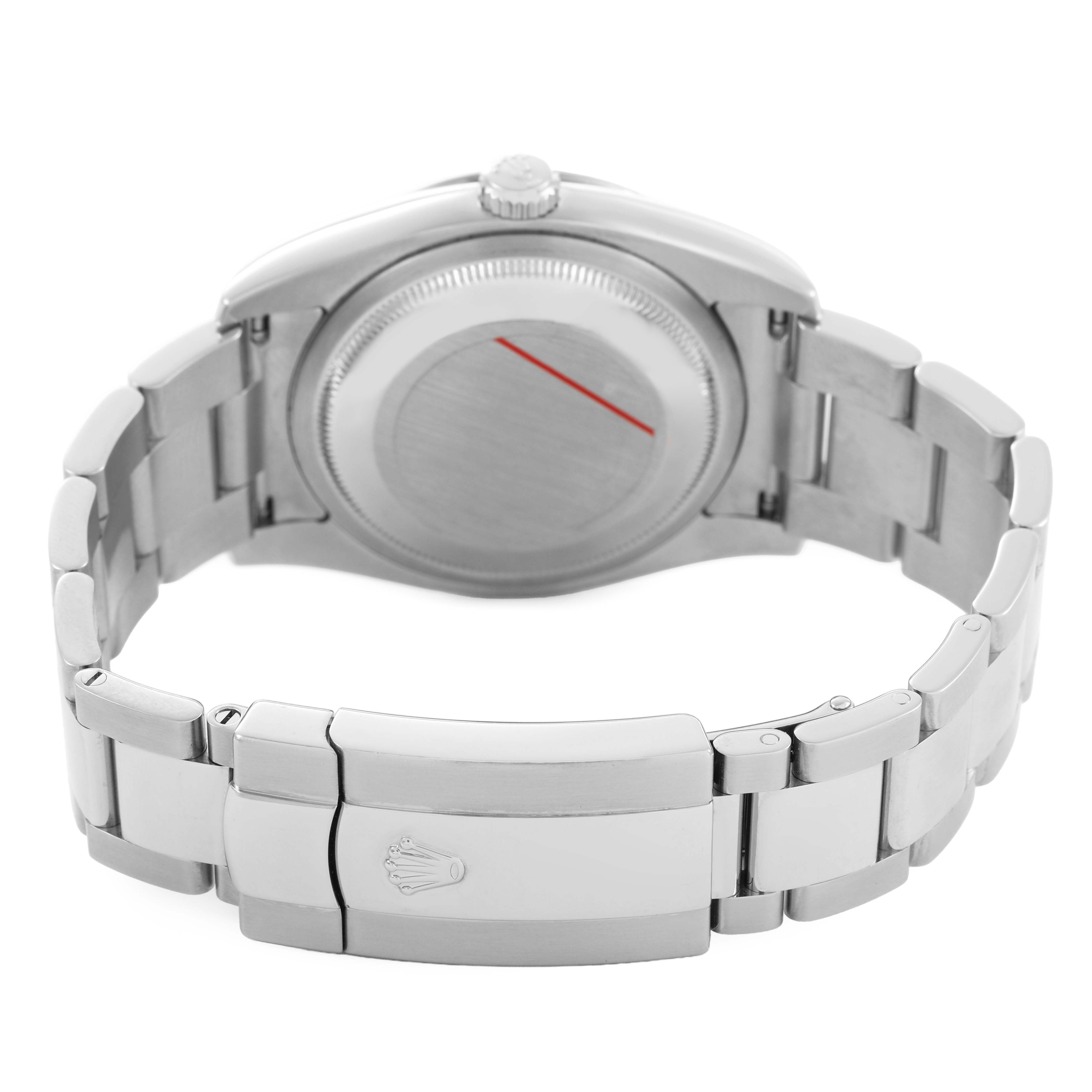 The image shows the back of the Rolex Turn-o-Graph 116264 Men's Stainless Steel White Dial watch, highlighting the case back and the bracelet clasp.
