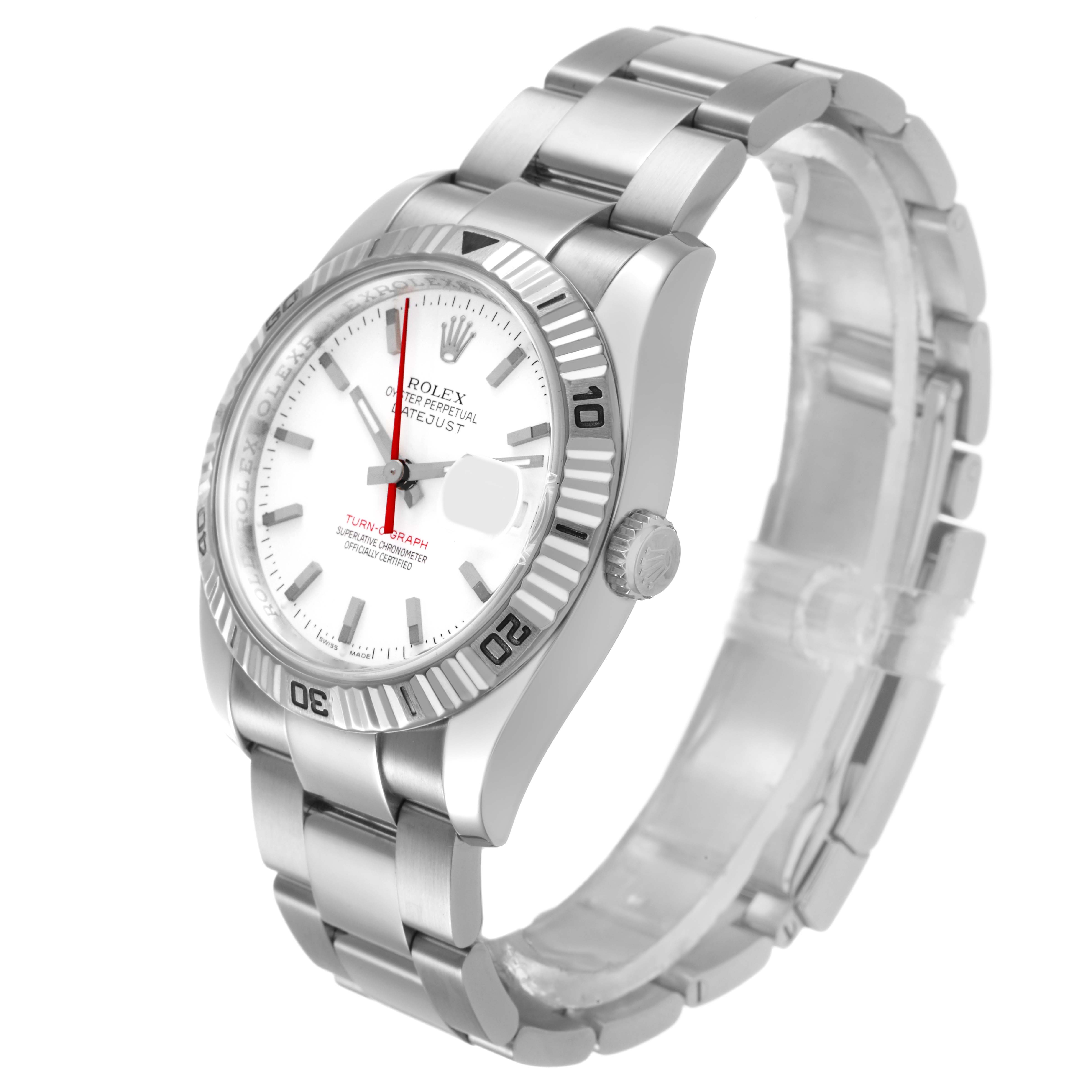 The Rolex Turn-o-Graph 116264 Men's Stainless Steel White Dial watch is shown at a front diagonal angle, displaying the bezel, dial, bracelet, and crown.