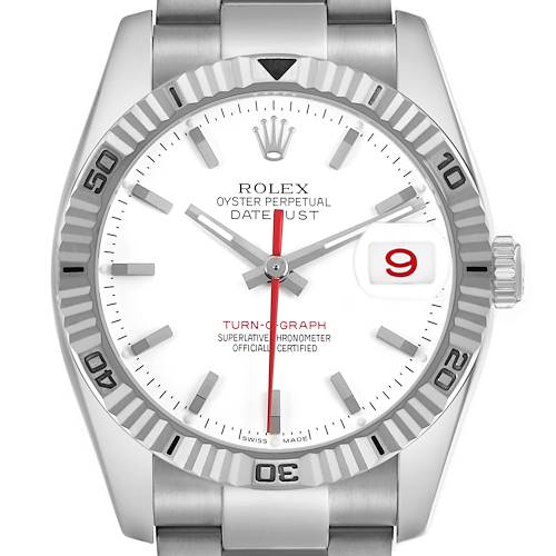 The image shows the Rolex Turn-o-Graph 116264 Men's Stainless Steel White Dial watch face close-up, highlighting the bezel, dial, and bracelet.