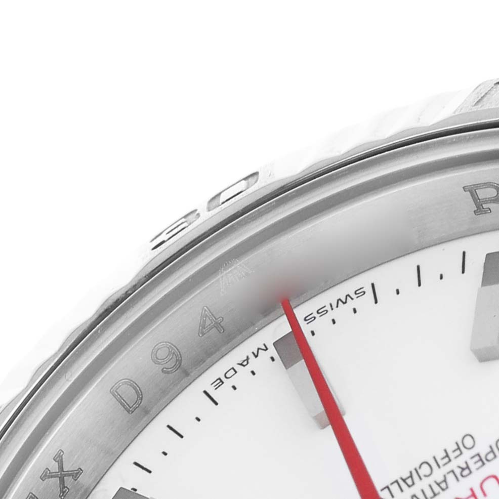 The image shows a close-up of the Rolex Turn-o-Graph 116264 Men's Stainless Steel White Dial watch dial and bezel, highlighting the edge and markers.
