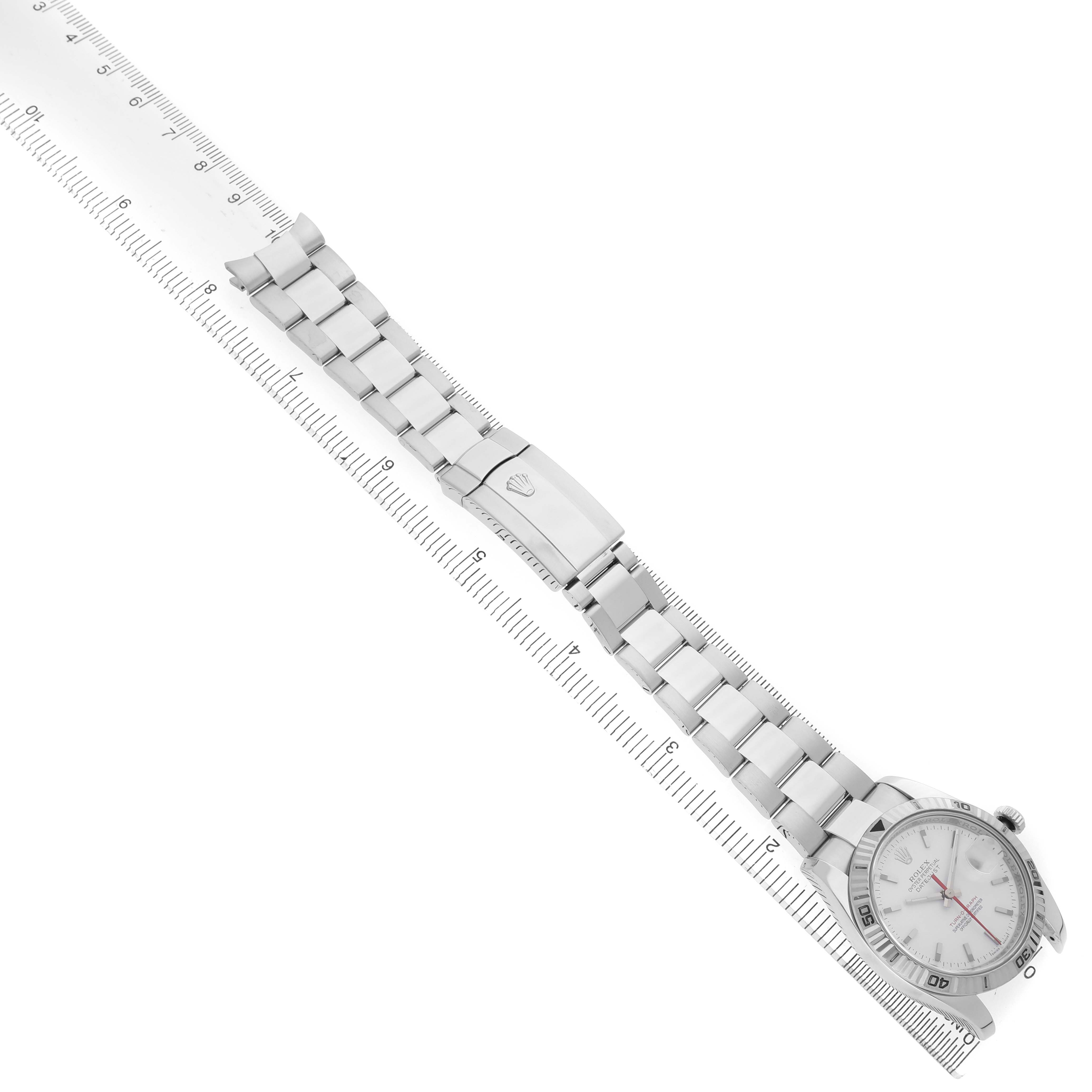 The Rolex Turn-o-Graph 116264 Men's Stainless Steel White Dial watch is displayed diagonally, highlighting the bracelet, clasp, and partially the face.