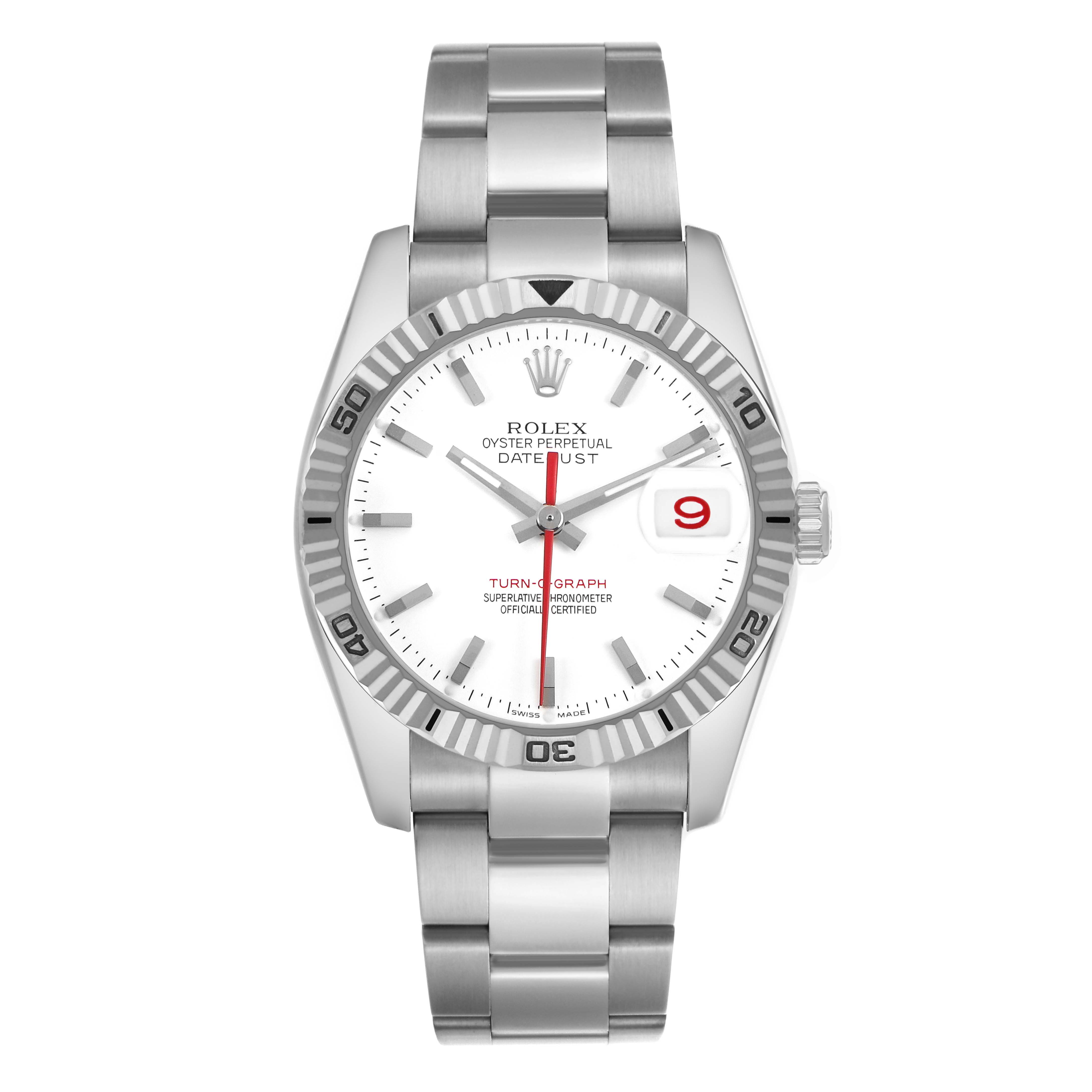 The Rolex Turn-o-Graph 116264 Men's Stainless Steel White Dial watch is shown from a top-down angle, displaying the bezel, dial, bracelet, and date feature.