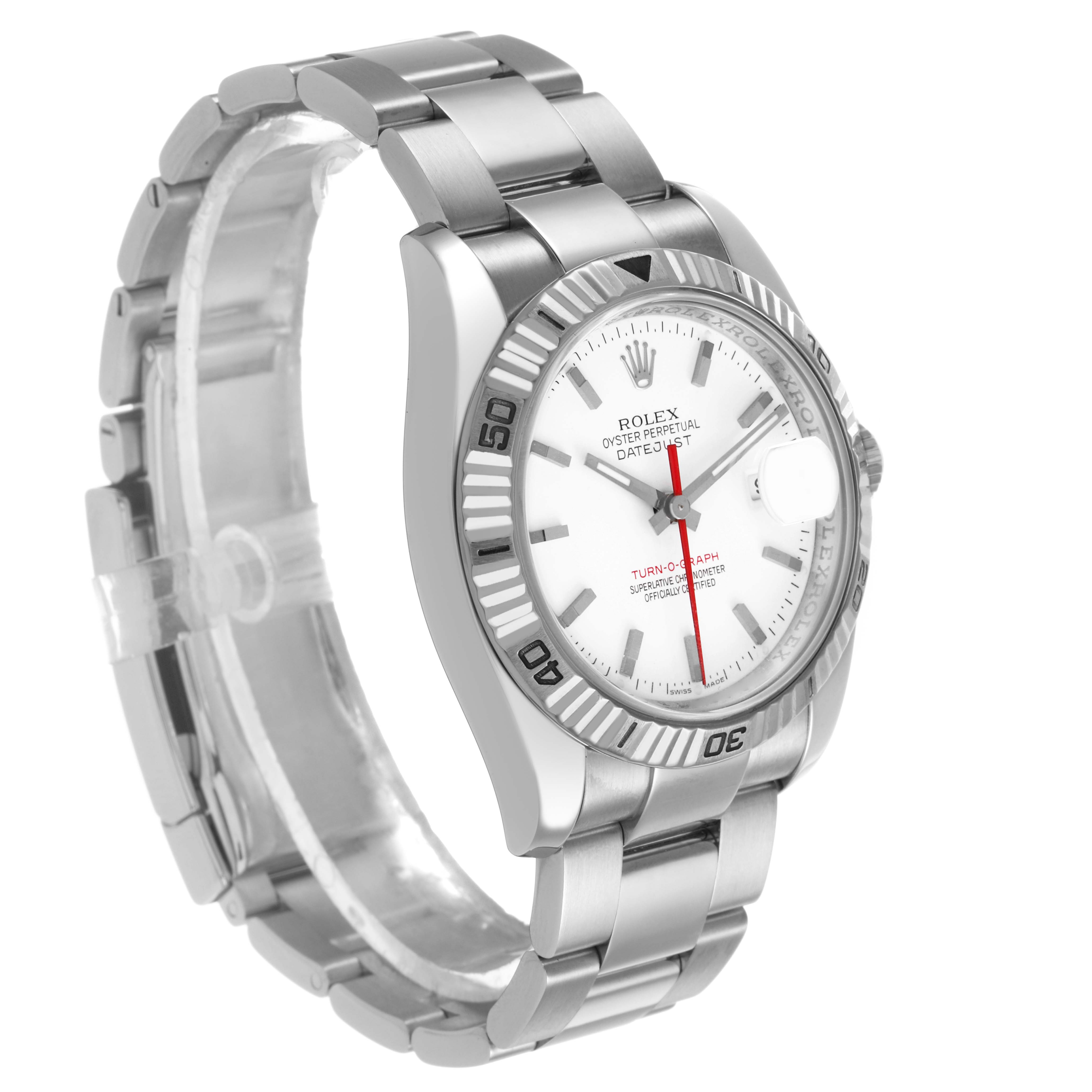 The Rolex Turn-o-Graph 116264 Men's Stainless Steel White Dial watch is shown at a front angle, highlighting the dial, bezel, bracelet, and crown.