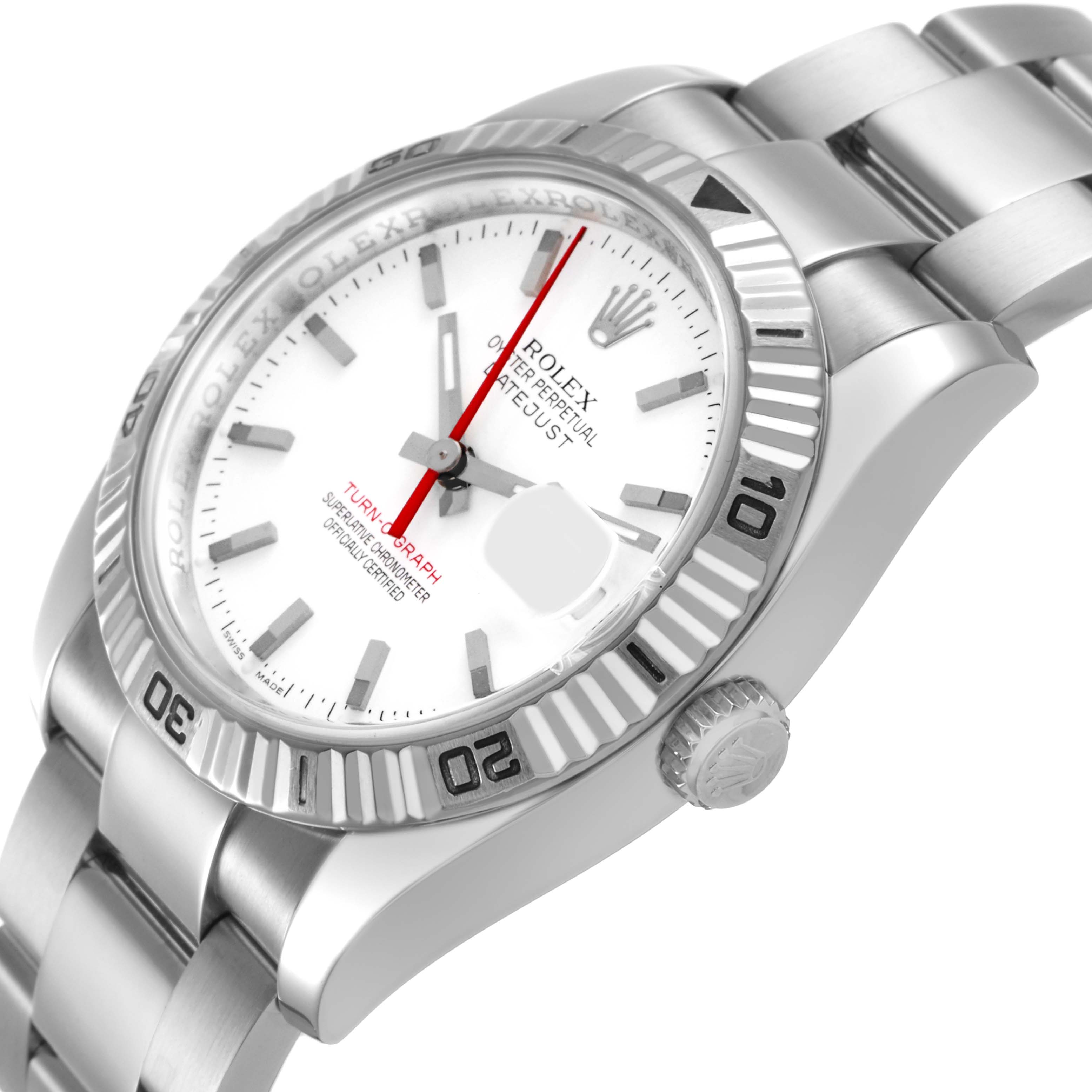 The Rolex Turn-o-Graph 116264 Men's Stainless Steel White Dial watch is shown at an angled side view, highlighting the bezel, crown, and part of the bracelet.