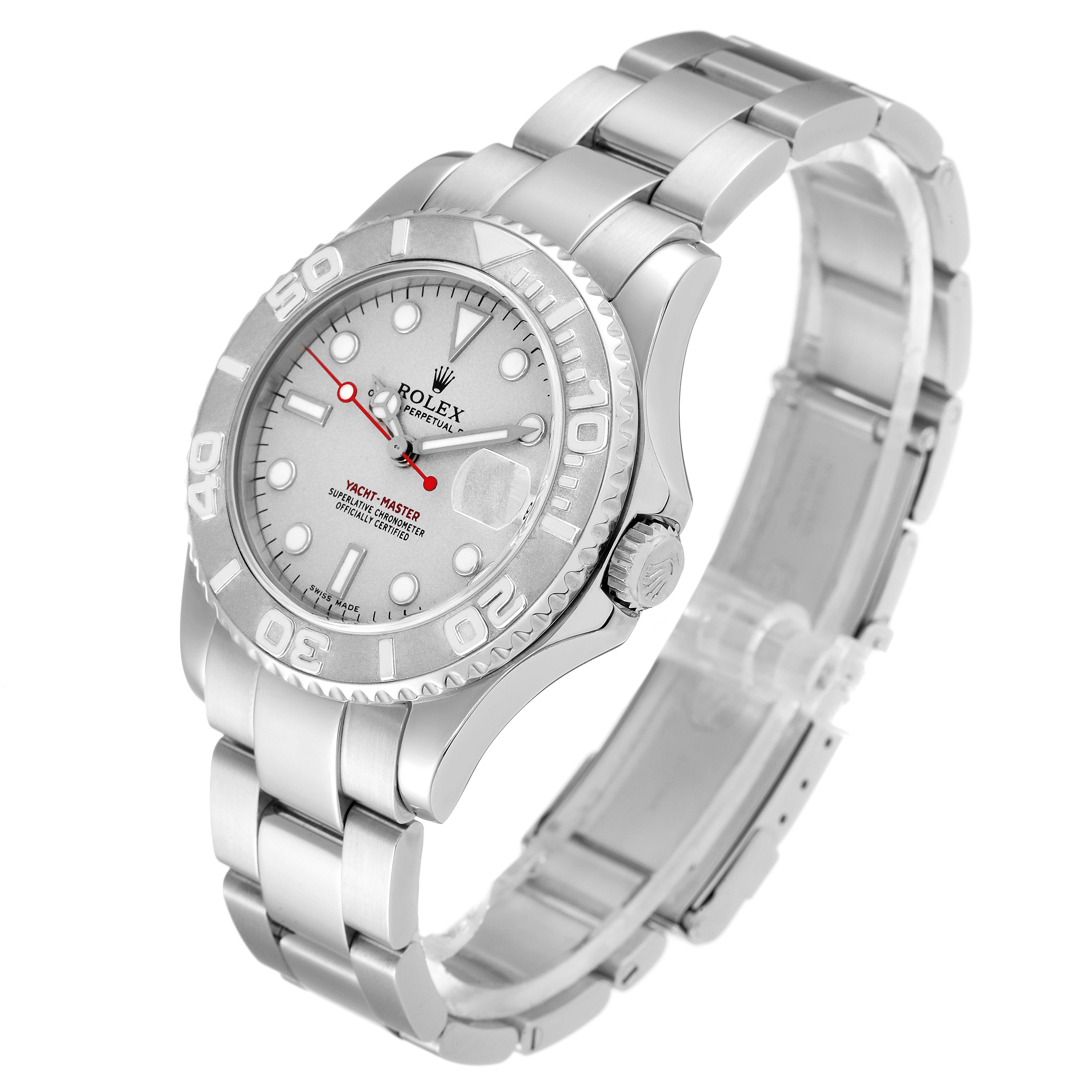 This image shows the Rolex Yacht-Master 168622 Men's Stainless Steel Silver Dial 168622 Men's Stainless Steel Silver Dial watch at a three-quarter angle, highlighting its face, bezel, and stainless steel bracelet.