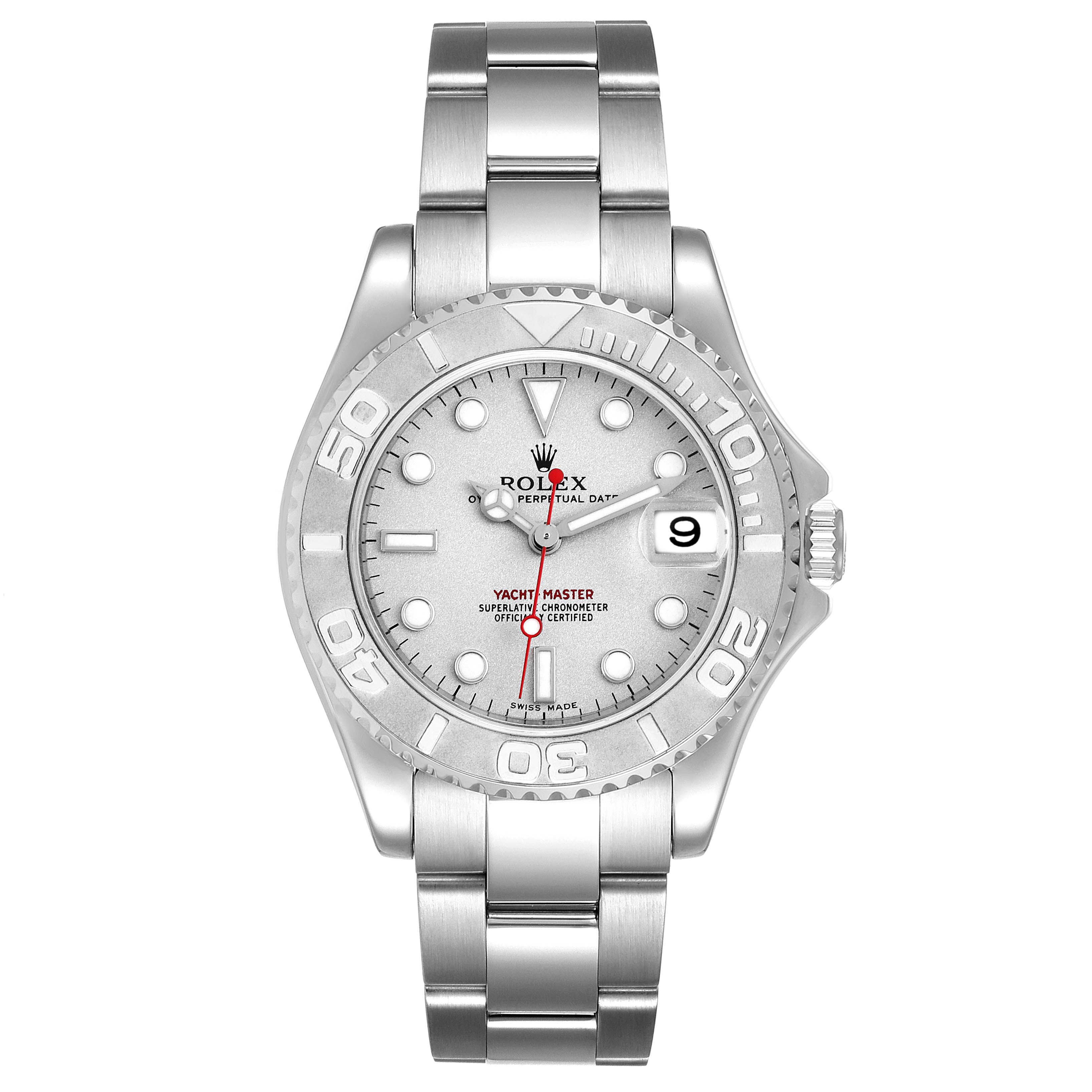 The image shows a front view of a Rolex Yacht-Master 168622 Men's Stainless Steel Silver Dial 168622 Men's Stainless Steel Silver Dial watch, displaying its case, bezel, dial, hands, and bracelet.