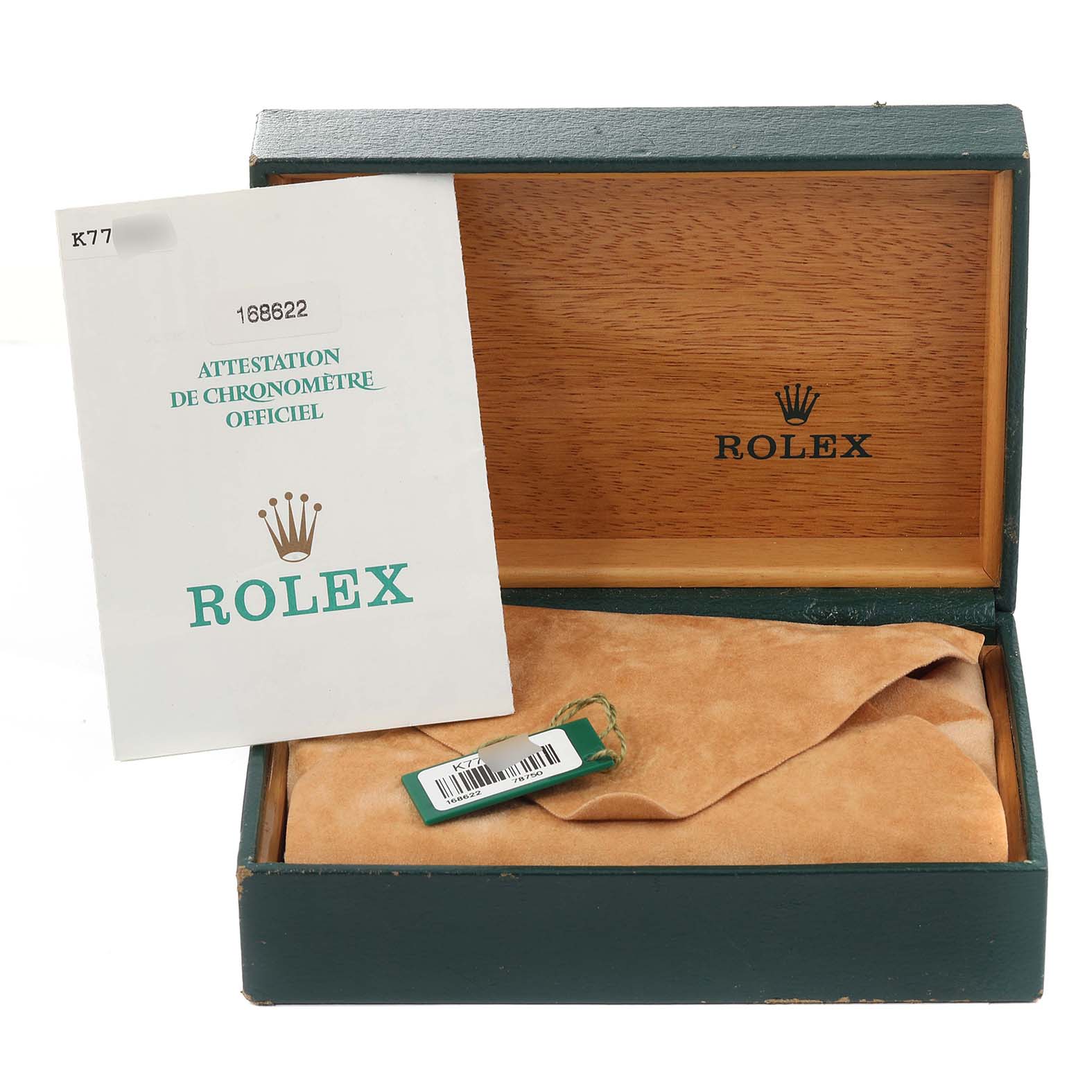 The image shows a Rolex Yacht-Master 168622 Men's Stainless Steel Silver Dial 168622 Men's Stainless Steel Silver Dial watch box with its certification and tag.