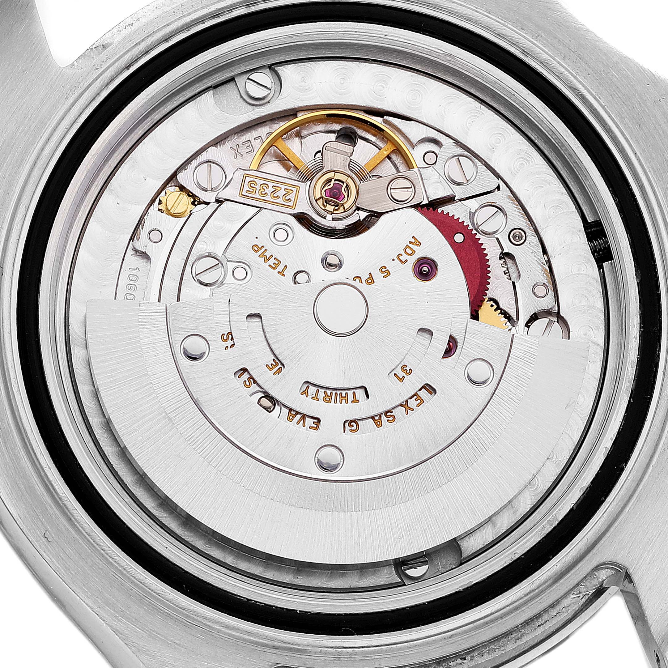 The image shows a close-up of the movement mechanism of a Rolex Yacht-Master 168622 Men's Stainless Steel Silver Dial 168622 Men's Stainless Steel Silver Dial watch from the back.
