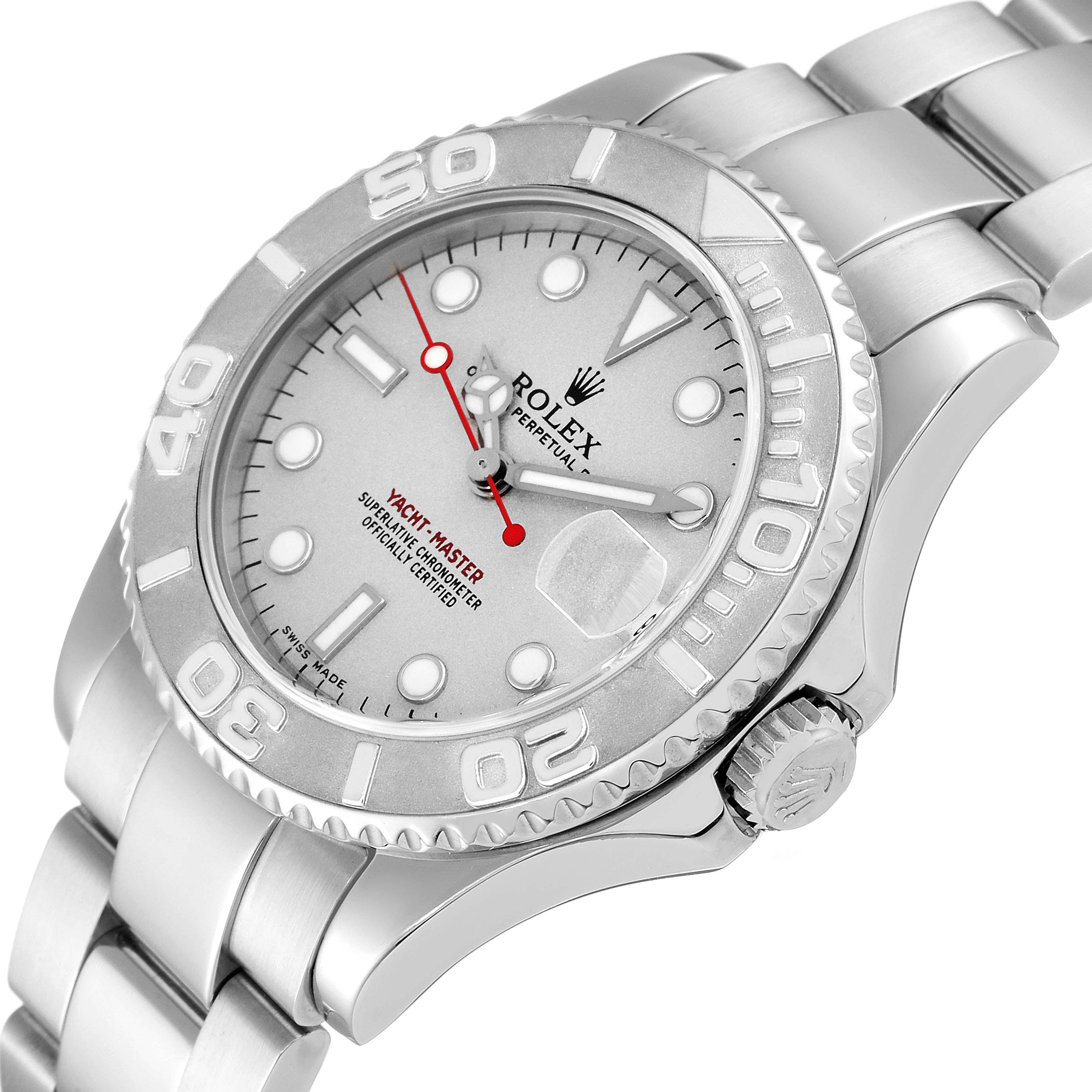 This image showcases a Yacht-Master Rolex watch angled from the front, displaying the face, bezel, crown, and bracelet.