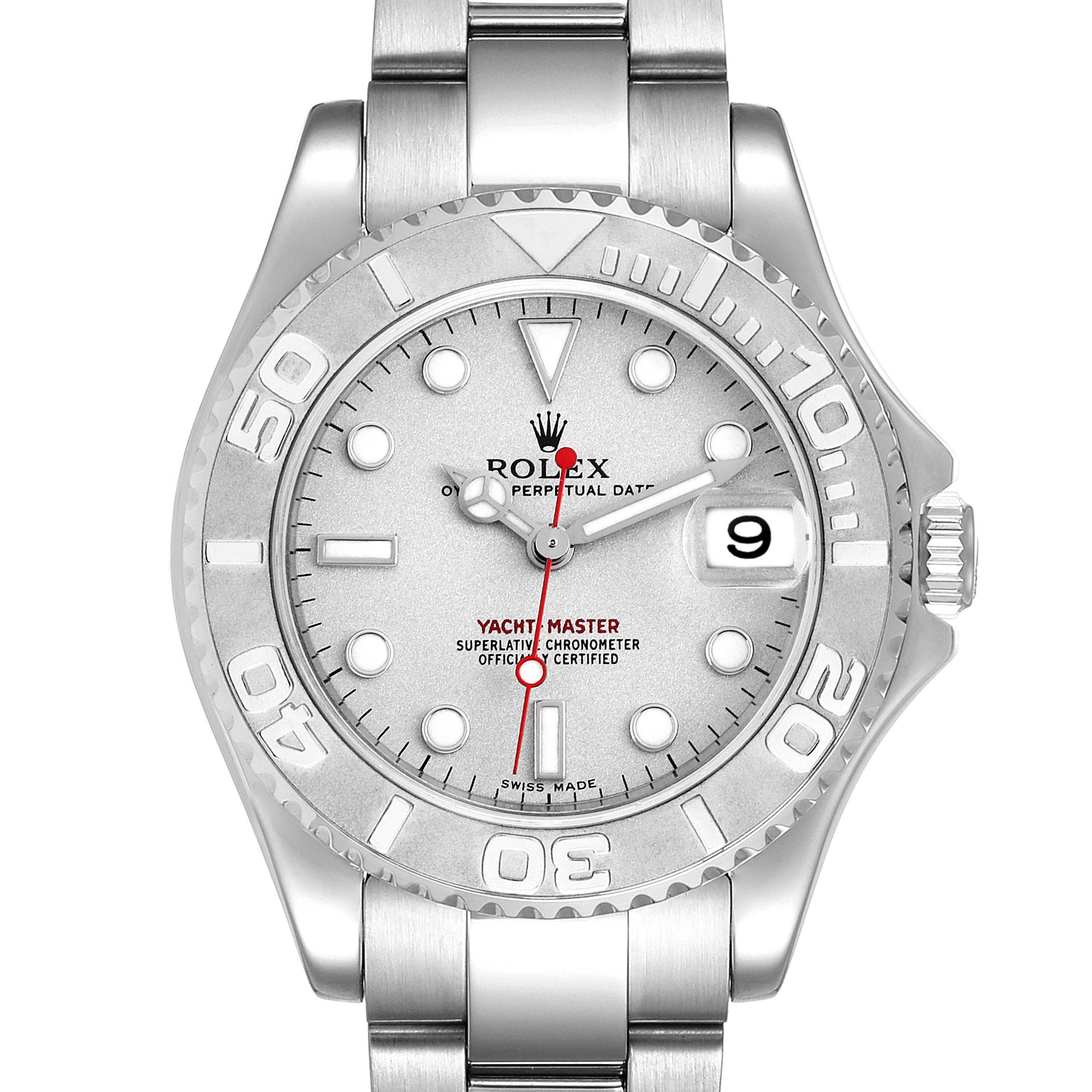 The Rolex Yacht-Master 168622 Men's Stainless Steel Silver Dial 168622 Men's Stainless Steel Silver Dial watch is displayed from a front angle, showing the dial, bezel, case, and part of the bracelet.