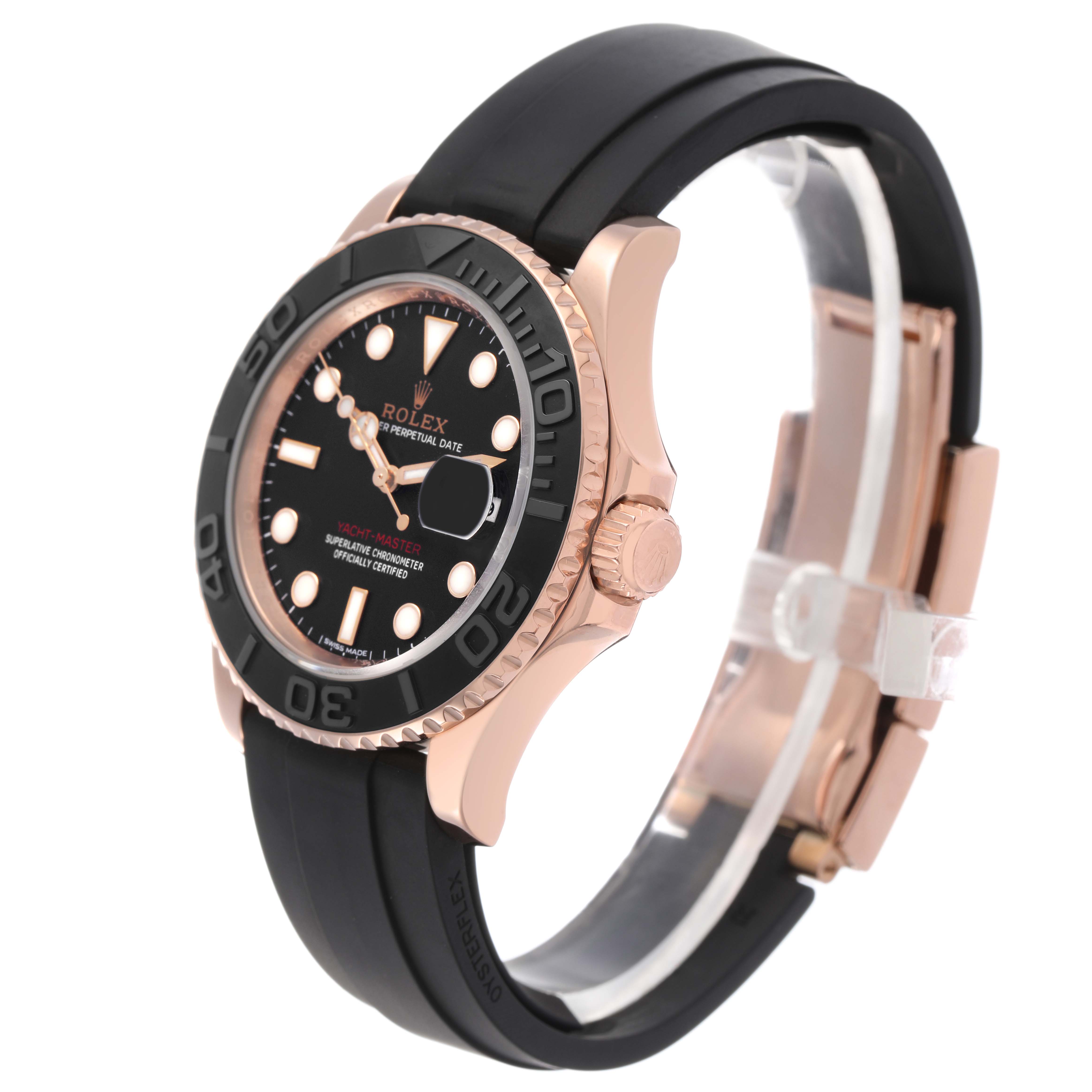 The Rolex Yacht-Master 116655 Men's Rose Gold Black Dial watch is shown from a side angle, highlighting the bezel, crown, and rubber strap.