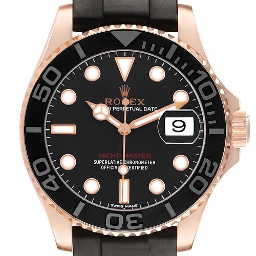 The Rolex Yacht-Master 116655 Men's Rose Gold Black Dial watch is shown from the front, highlighting the black dial, date, and bezel.