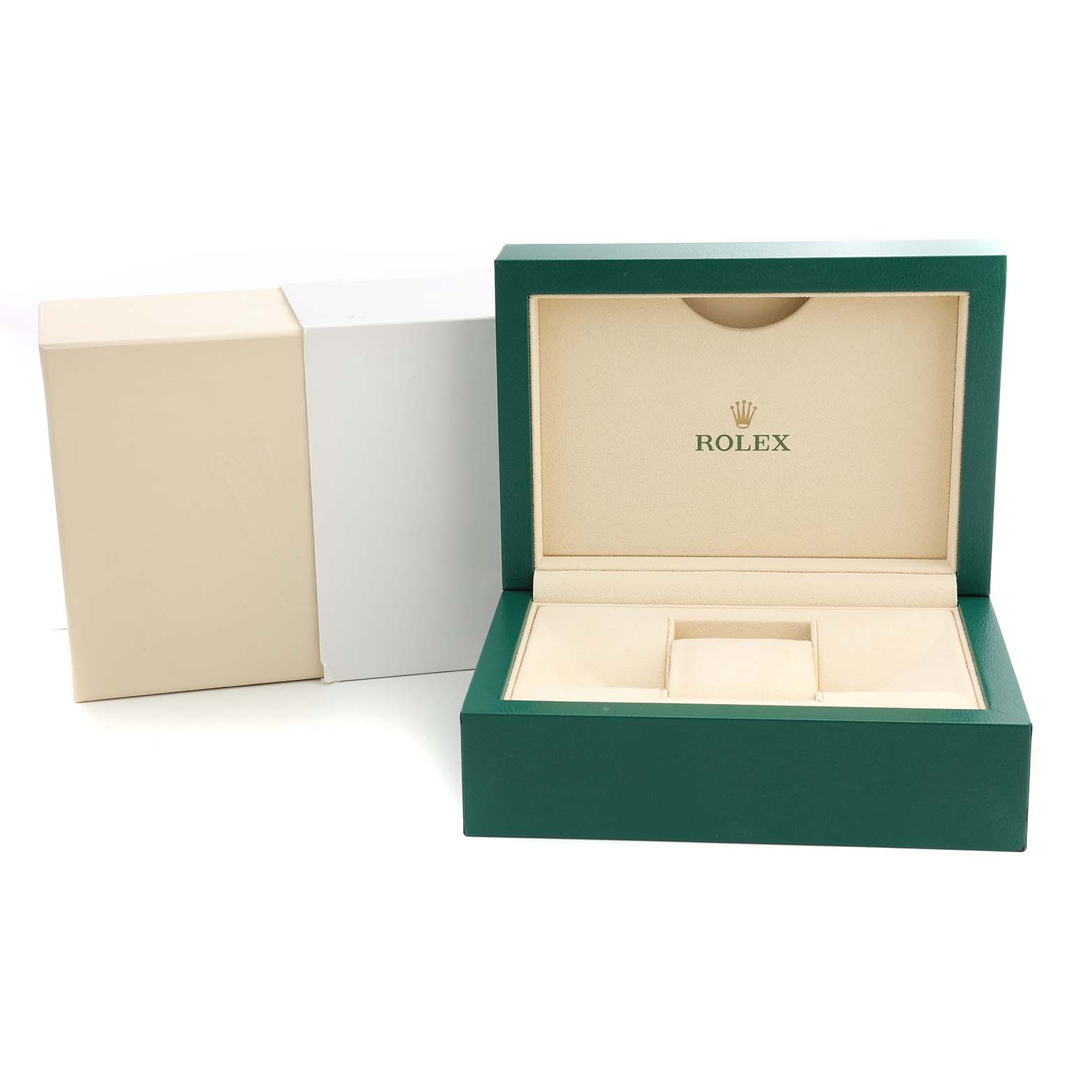 The image shows an open green and beige Rolex Yacht-Master 116655 Men's Rose Gold Black Dial watch box with its outer packaging.