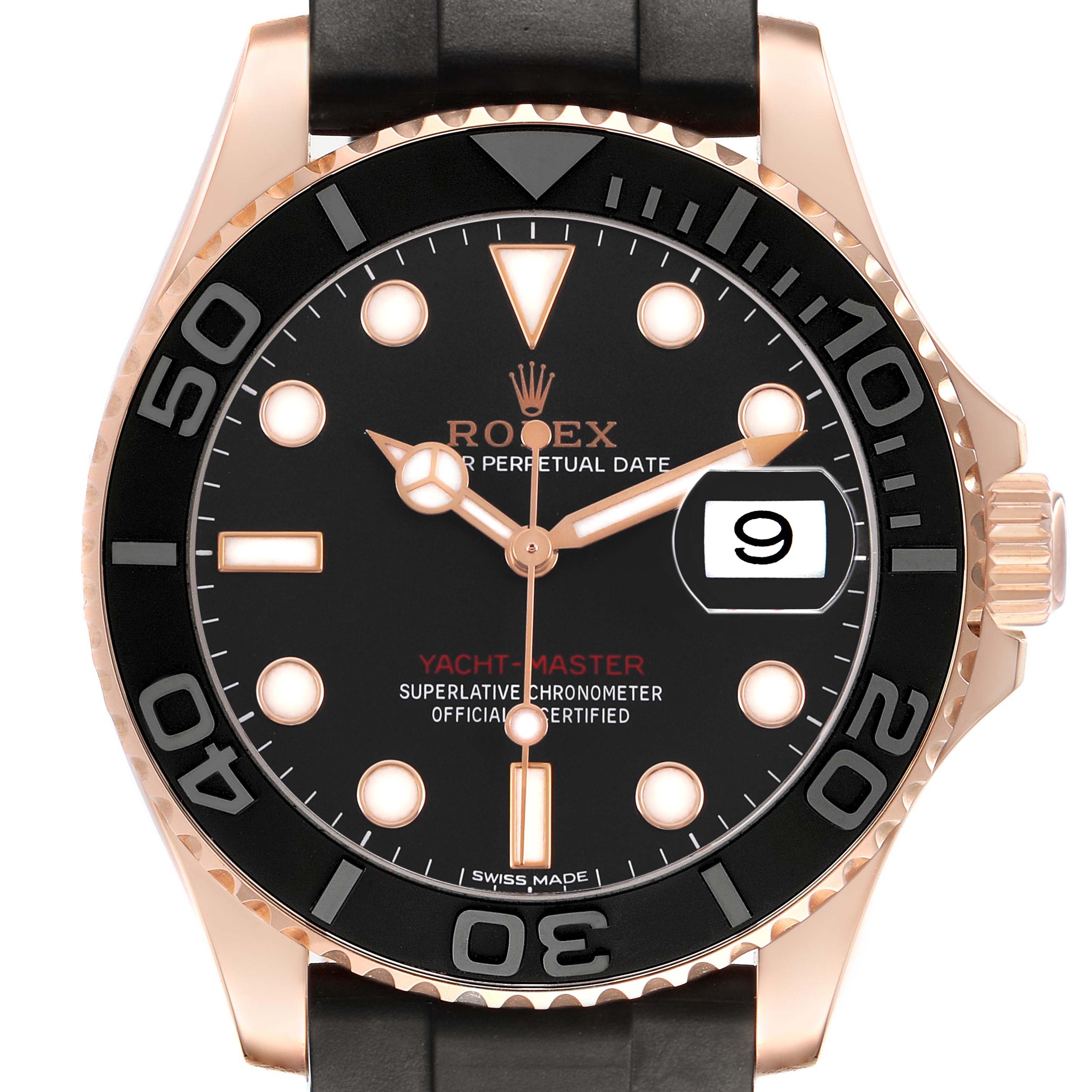 This Rolex Yacht-Master 116655 Men's Rose Gold Black Dial watch is shown from a front angle, displaying the face, hands, bezel, and crown.