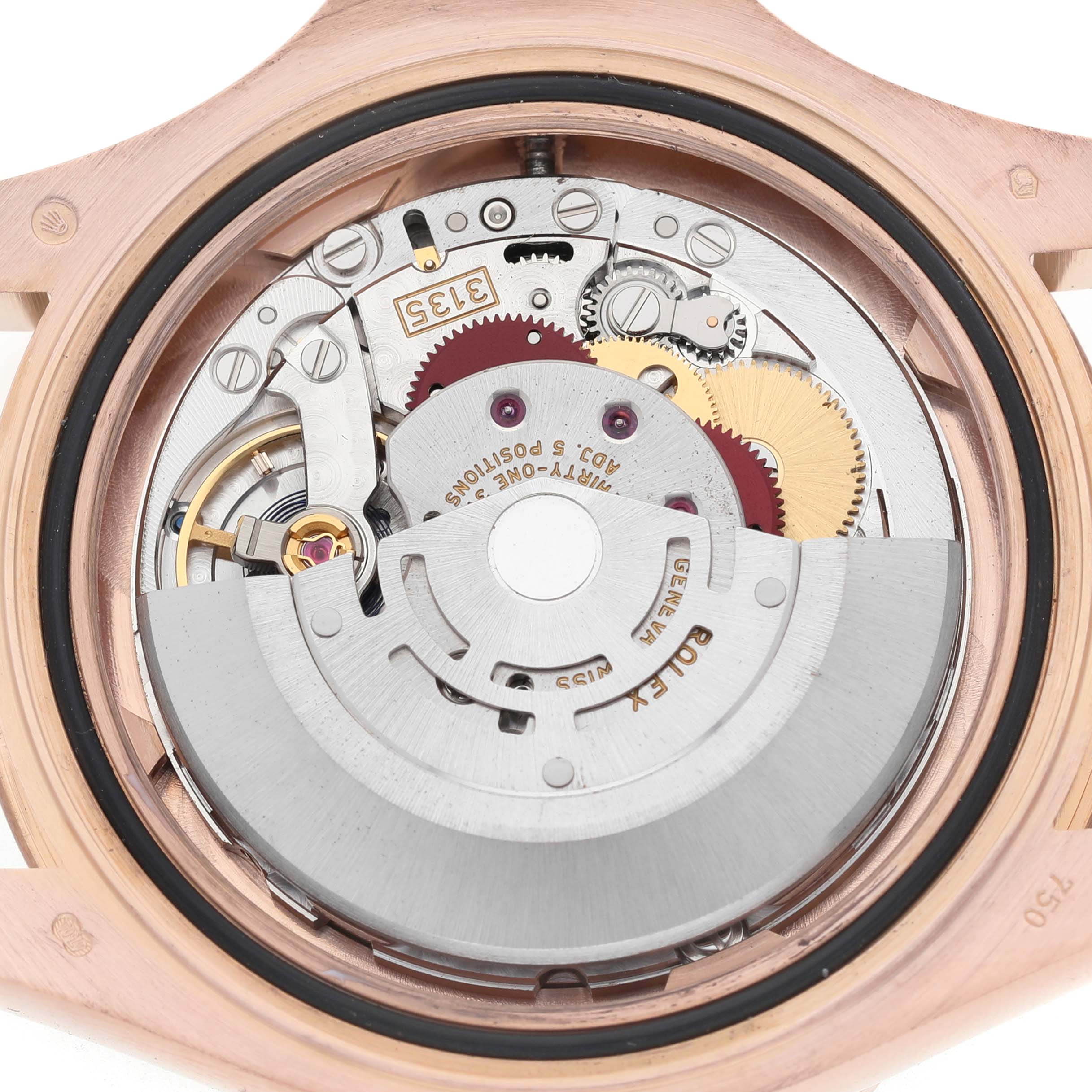 The image shows the Rolex Yacht-Master 116655 Men's Rose Gold Black Dial watch movement from a rear angle, focusing on the internal mechanical components.