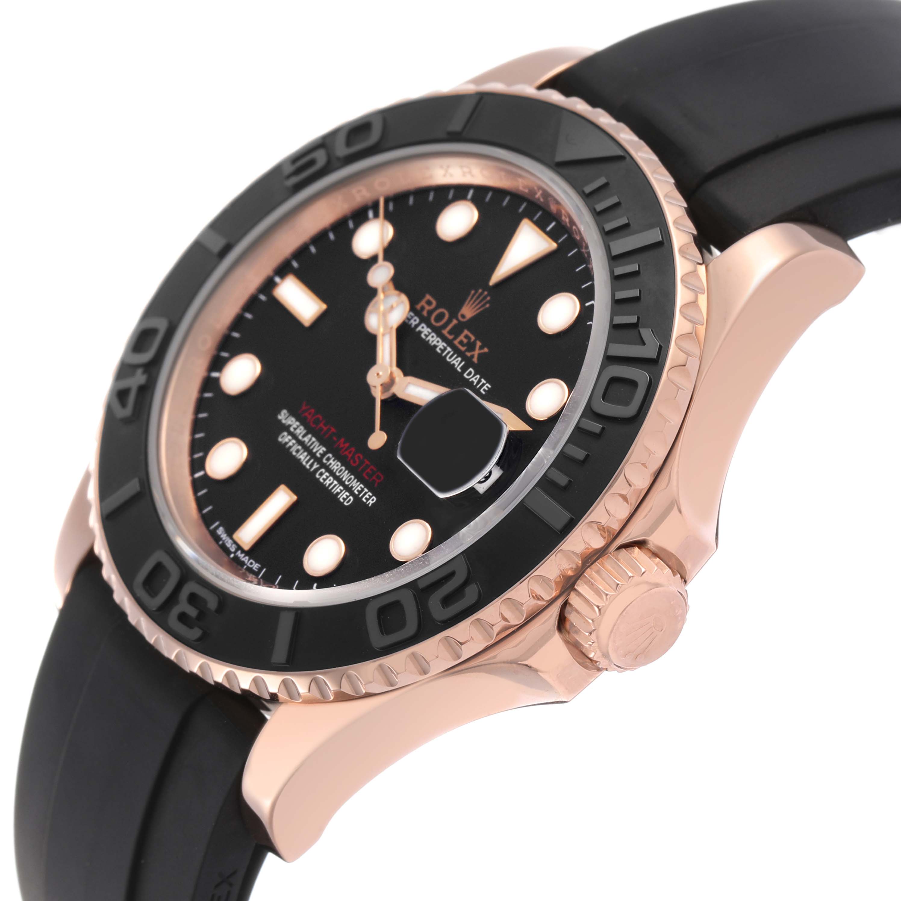 The Rolex Yacht-Master 116655 Men's Rose Gold Black Dial watch is shown from a side angle highlighting the bezel, crown, and rubber strap.