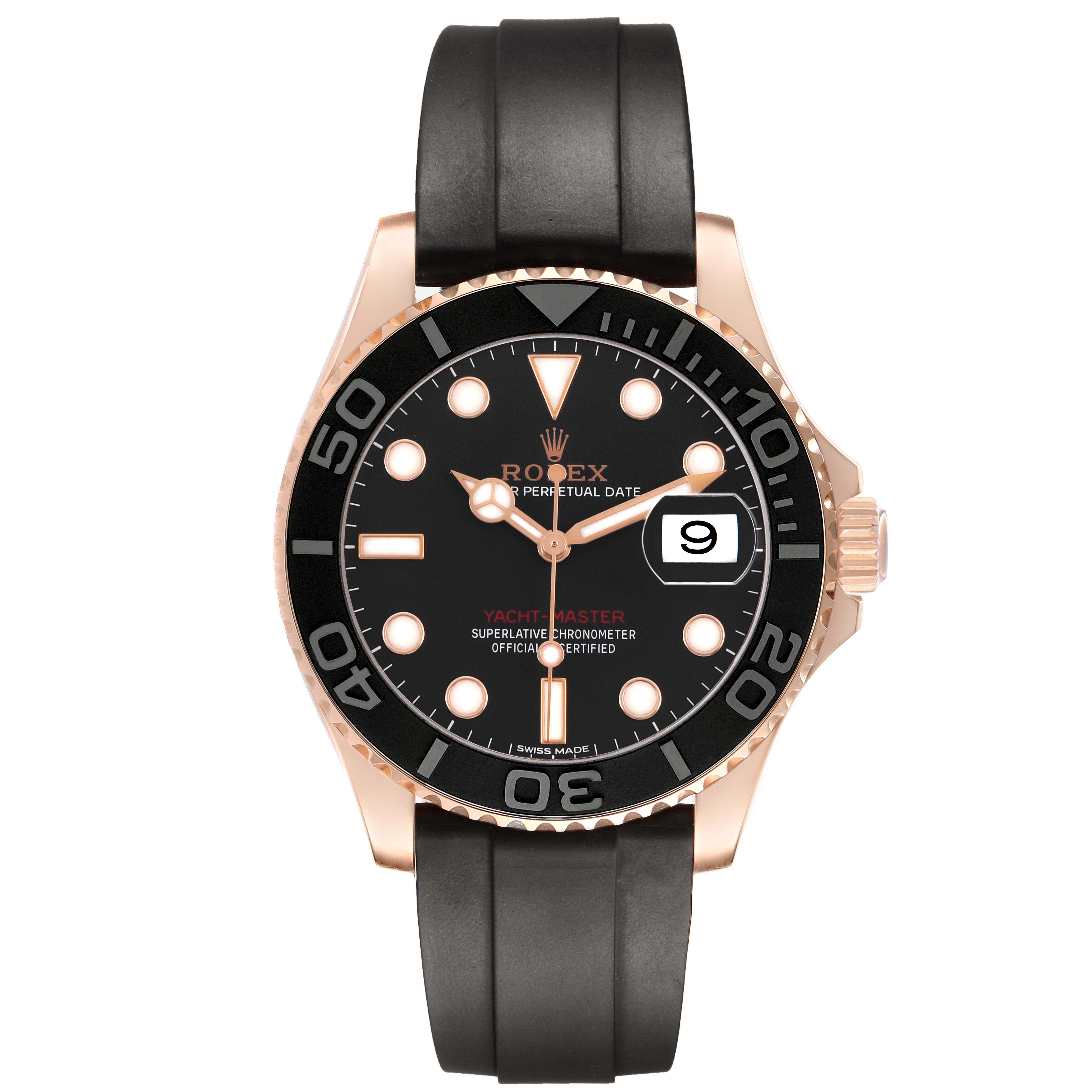 The Rolex Yacht-Master 116655 Men's Rose Gold Black Dial watch is shown from a front angle, displaying its face, bezel, and strap prominently.