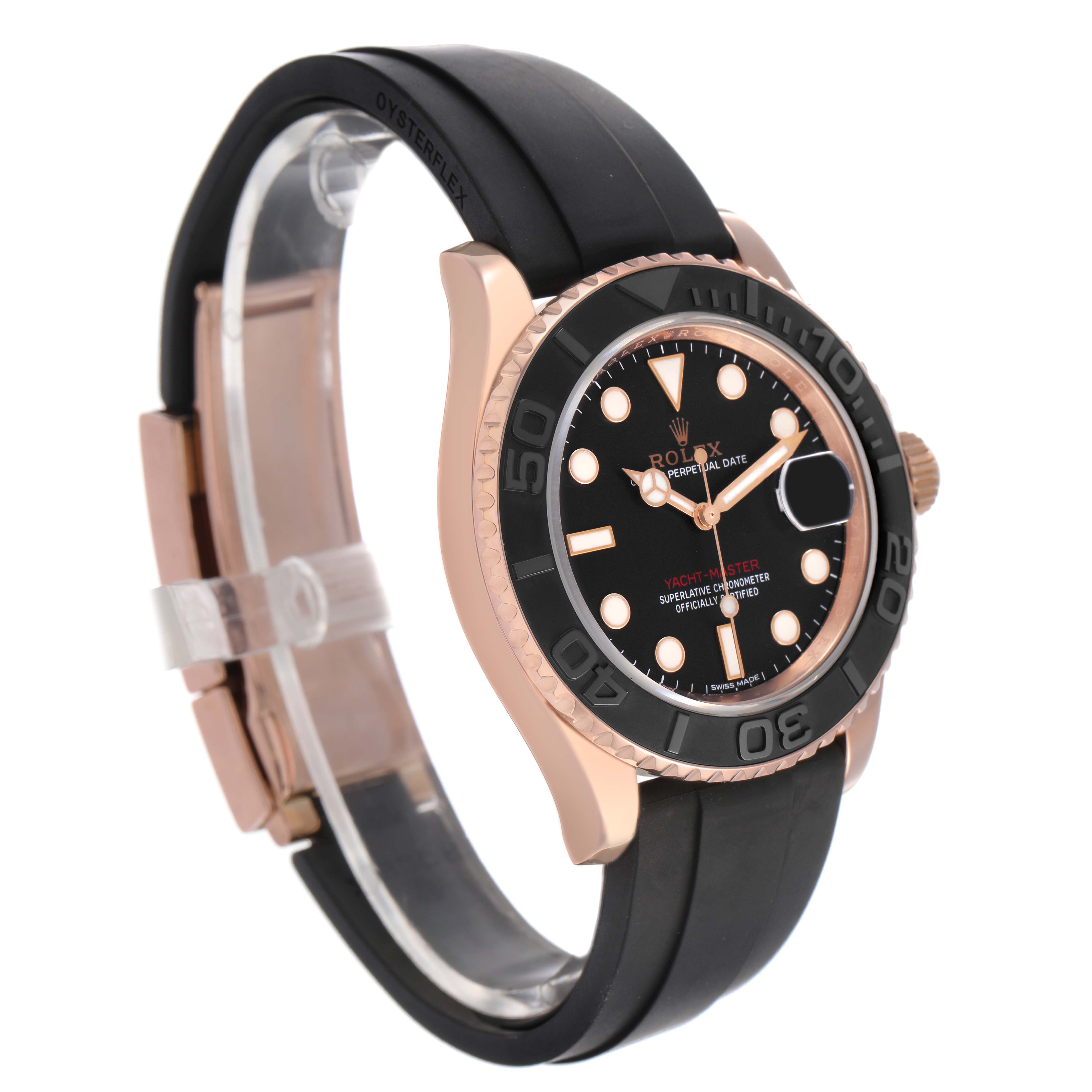 The Rolex Yacht-Master 116655 Men's Rose Gold Black Dial watch is shown from a three-quarter angle, highlighting the dial, bezel, strap, and crown.