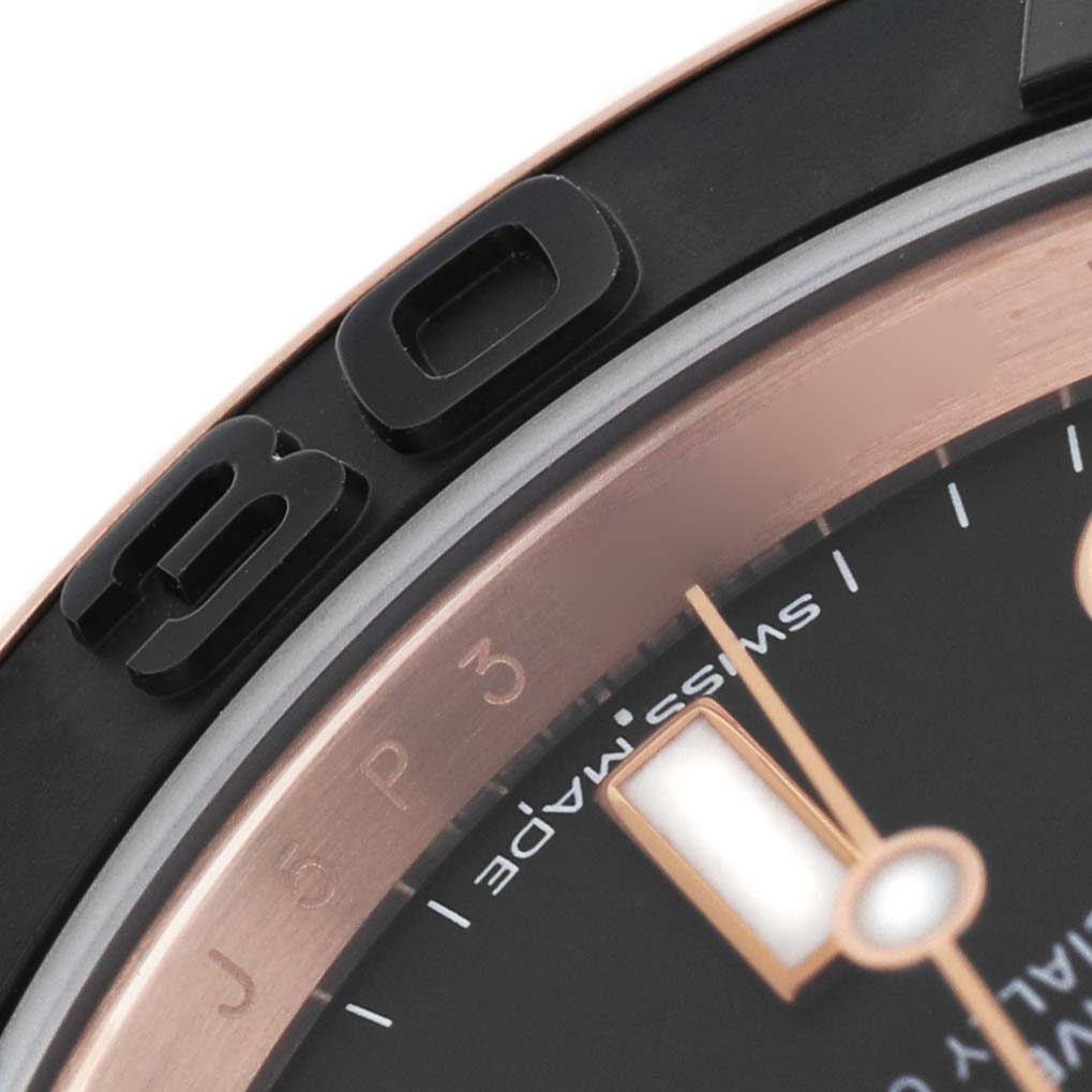 The image shows a close-up of the bezel and part of the dial of a Rolex Yacht-Master 116655 Men's Rose Gold Black Dial watch, focusing on the "30" marker.