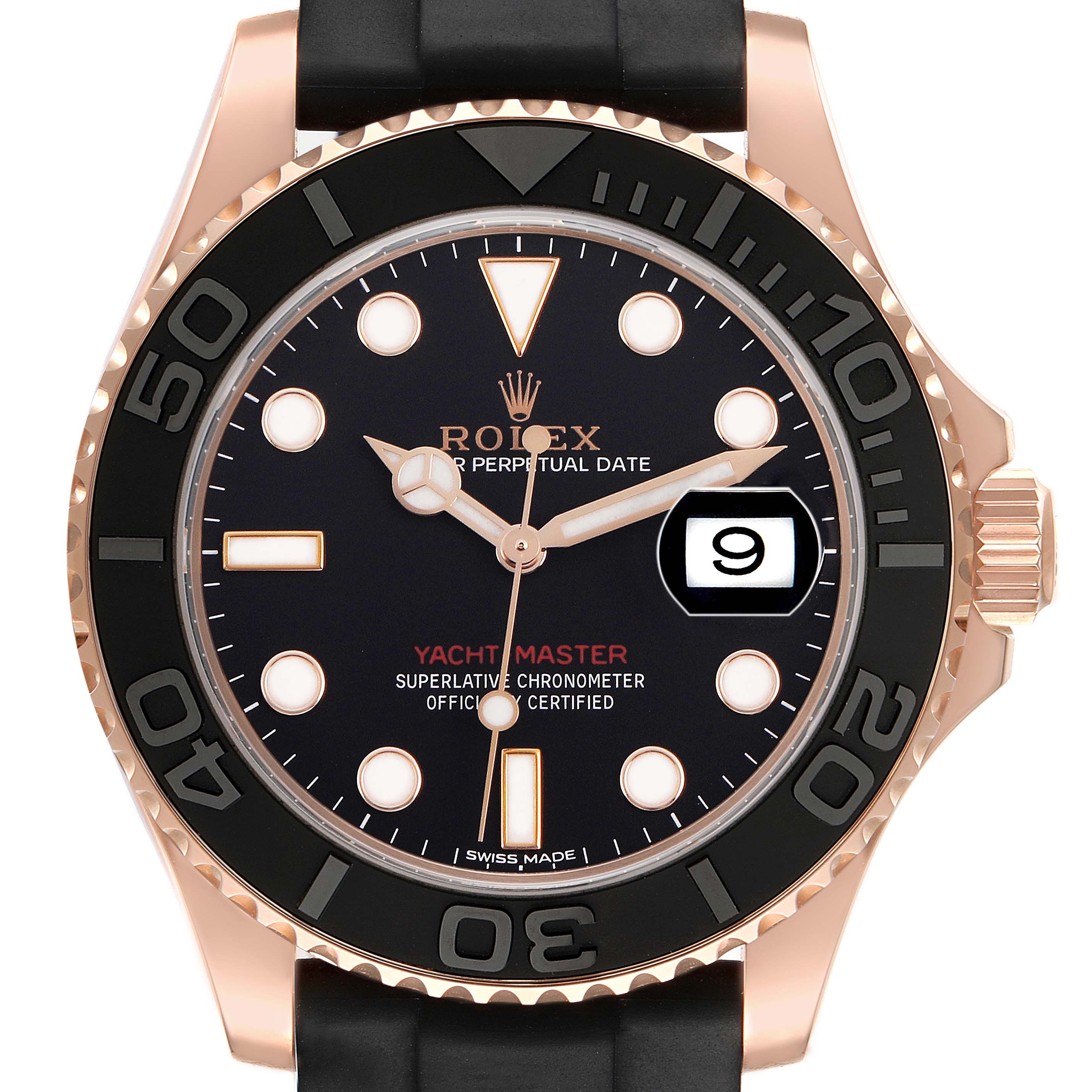 The image shows a front view of the Rolex Yacht-Master 116655 Men's Rose Gold Black Dial watch, highlighting the bezel, dial, hands, and date window.