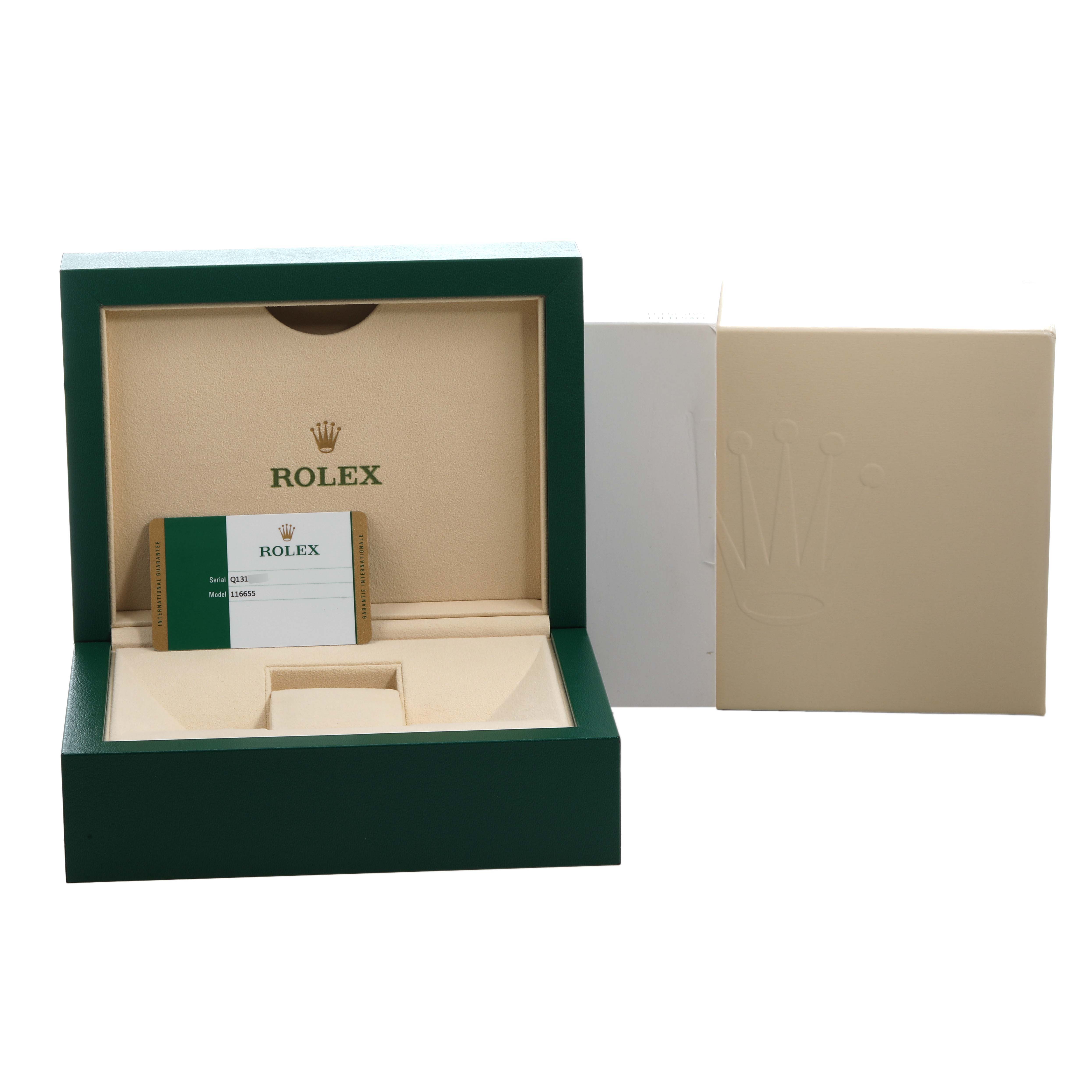 The image shows an open Rolex Yacht-Master 116655 Men's Rose Gold Black Dial watch box, cardholder, and outer packaging viewed from the front.