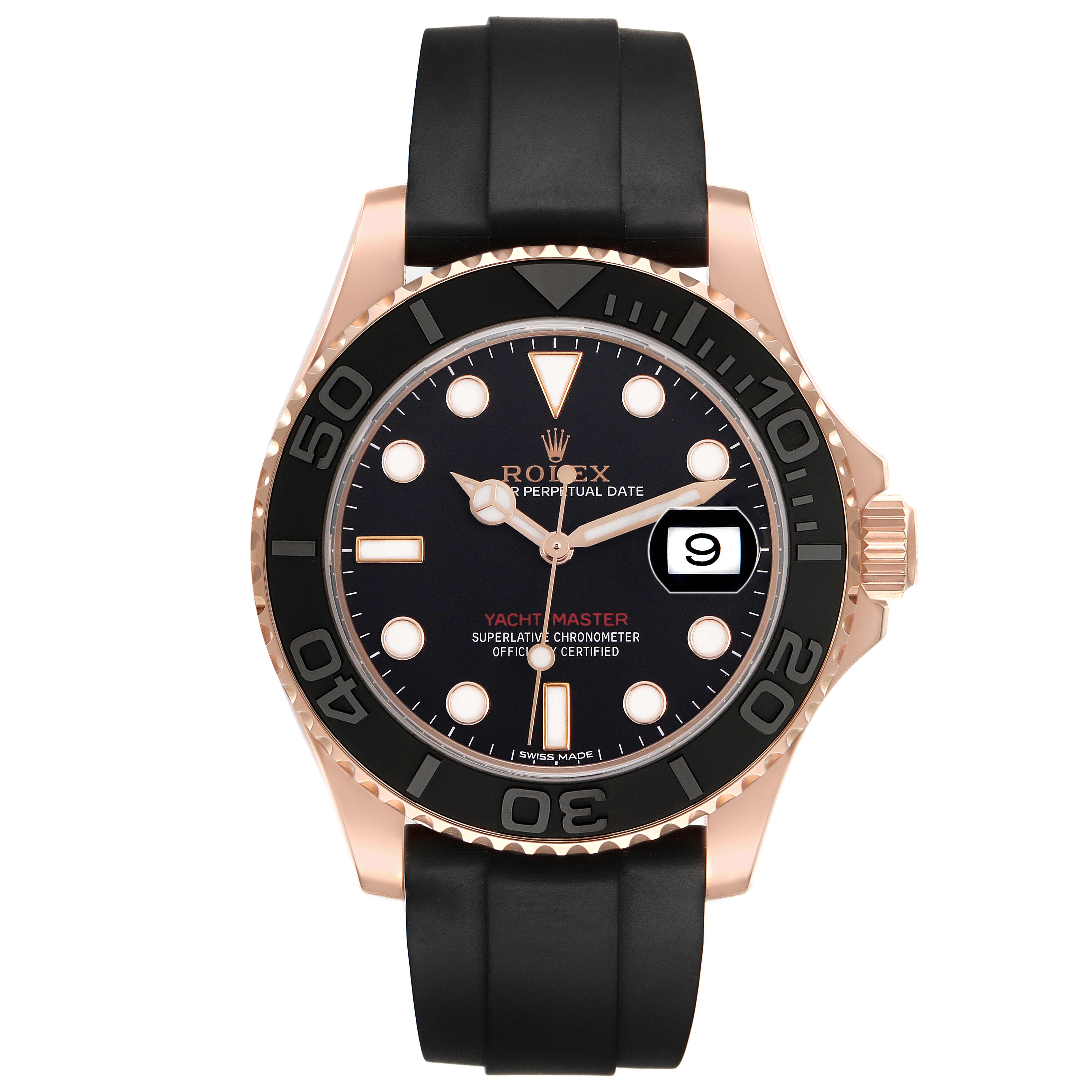 The Rolex Yacht-Master 116655 Men's Rose Gold Black Dial watch is shown from the front, displaying the face, bezel, and part of the strap.