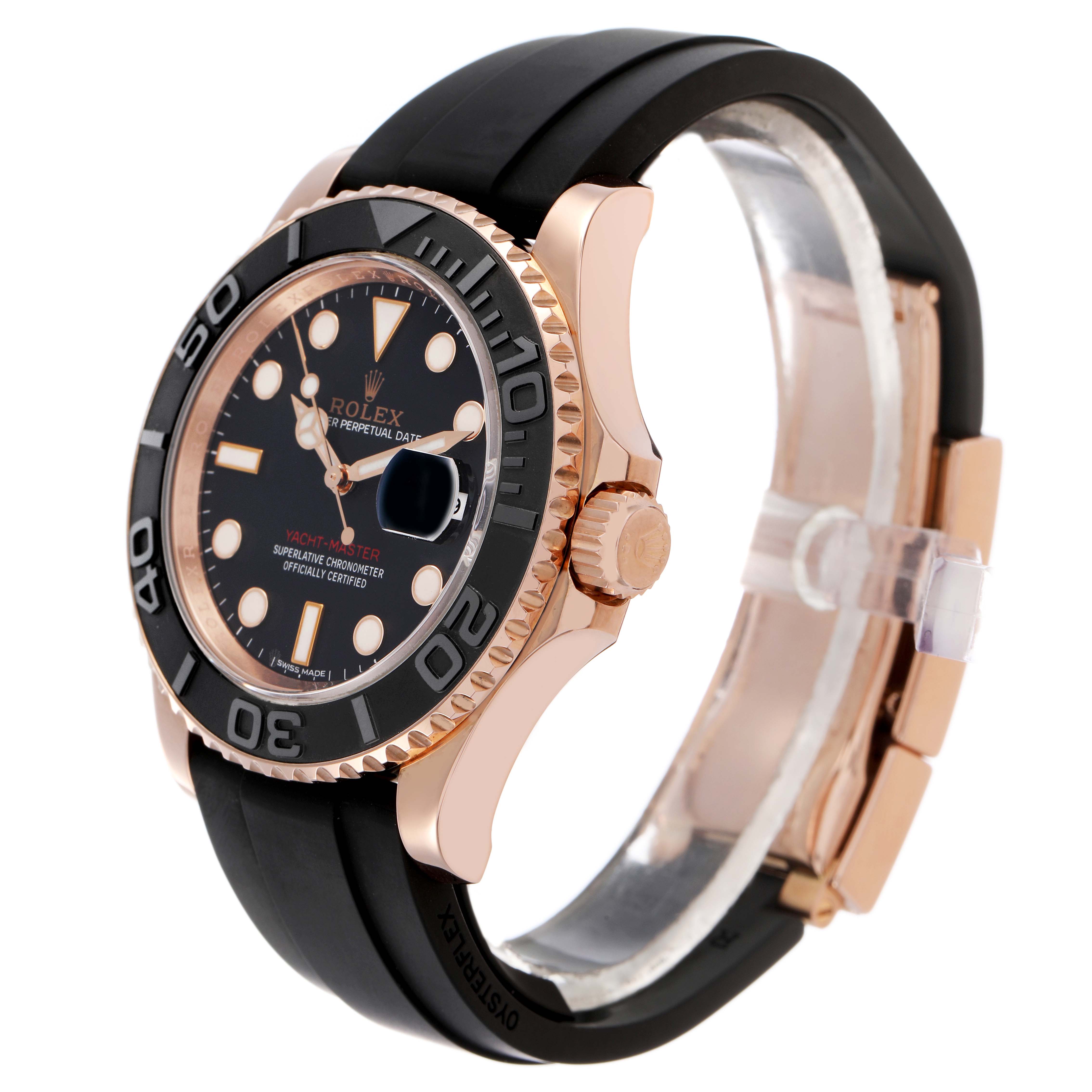 The Rolex Yacht-Master 116655 Men's Rose Gold Black Dial watch is shown at a slight side angle, highlighting the bezel, crown, and black strap.