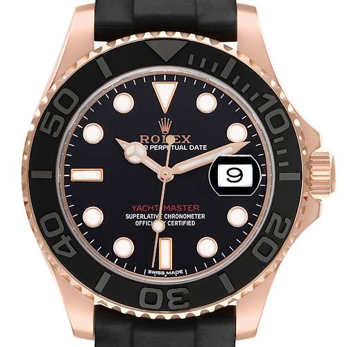 The image shows a front view of the Rolex Yacht-Master 116655 Men's Rose Gold Black Dial watch, highlighting the dial, bezel, and date window.