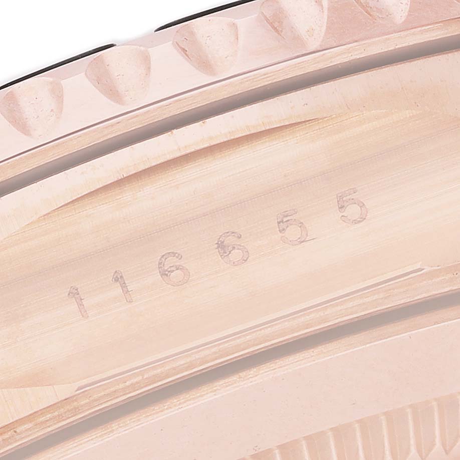 The image shows a close-up of the edge and model number engraving on the bezel of the Rolex Yacht-Master 116655 Men's Rose Gold Black Dial watch.
