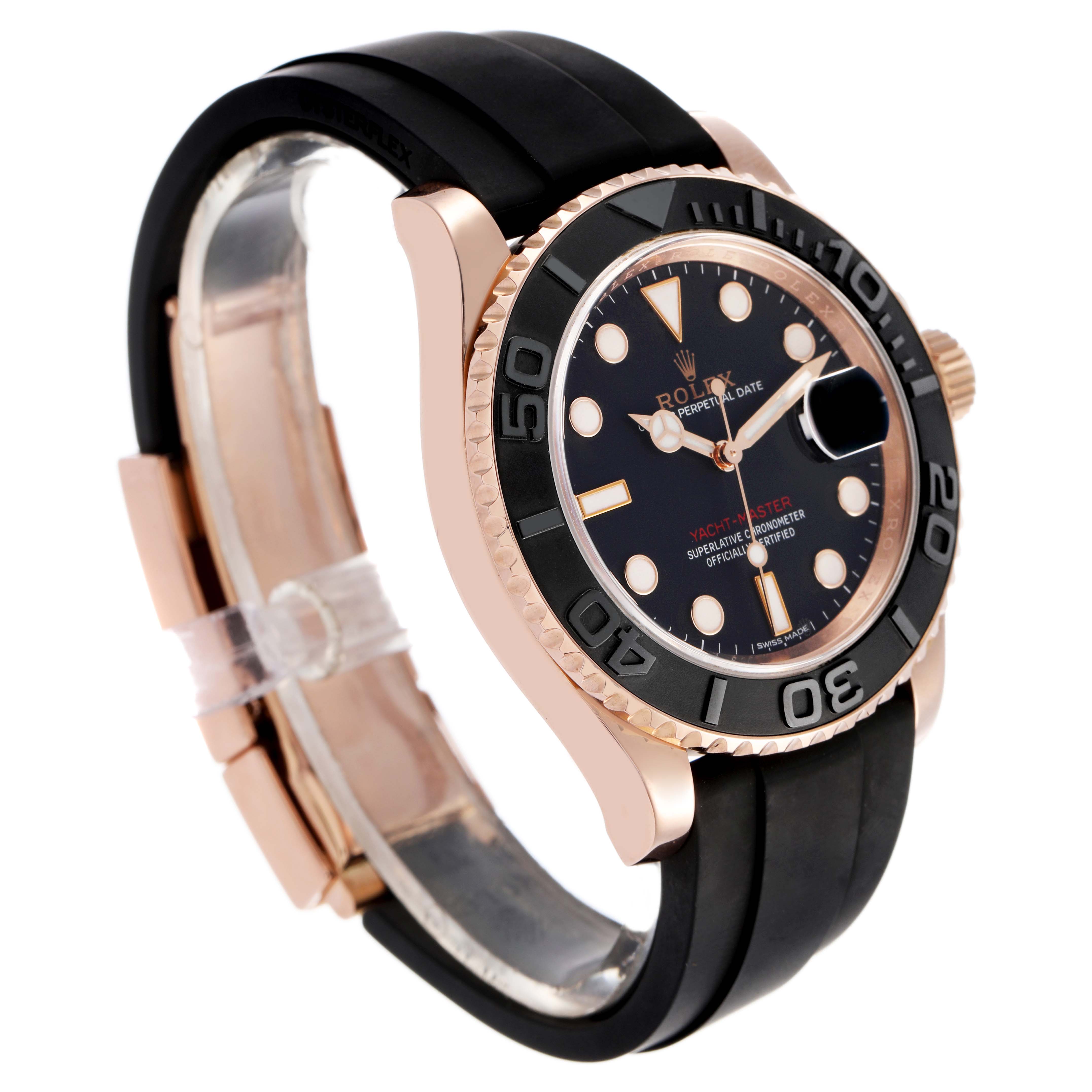 The Rolex Yacht-Master 116655 Men's Rose Gold Black Dial watch is shown at a three-quarter angle, displaying the face, bezel, and strap.