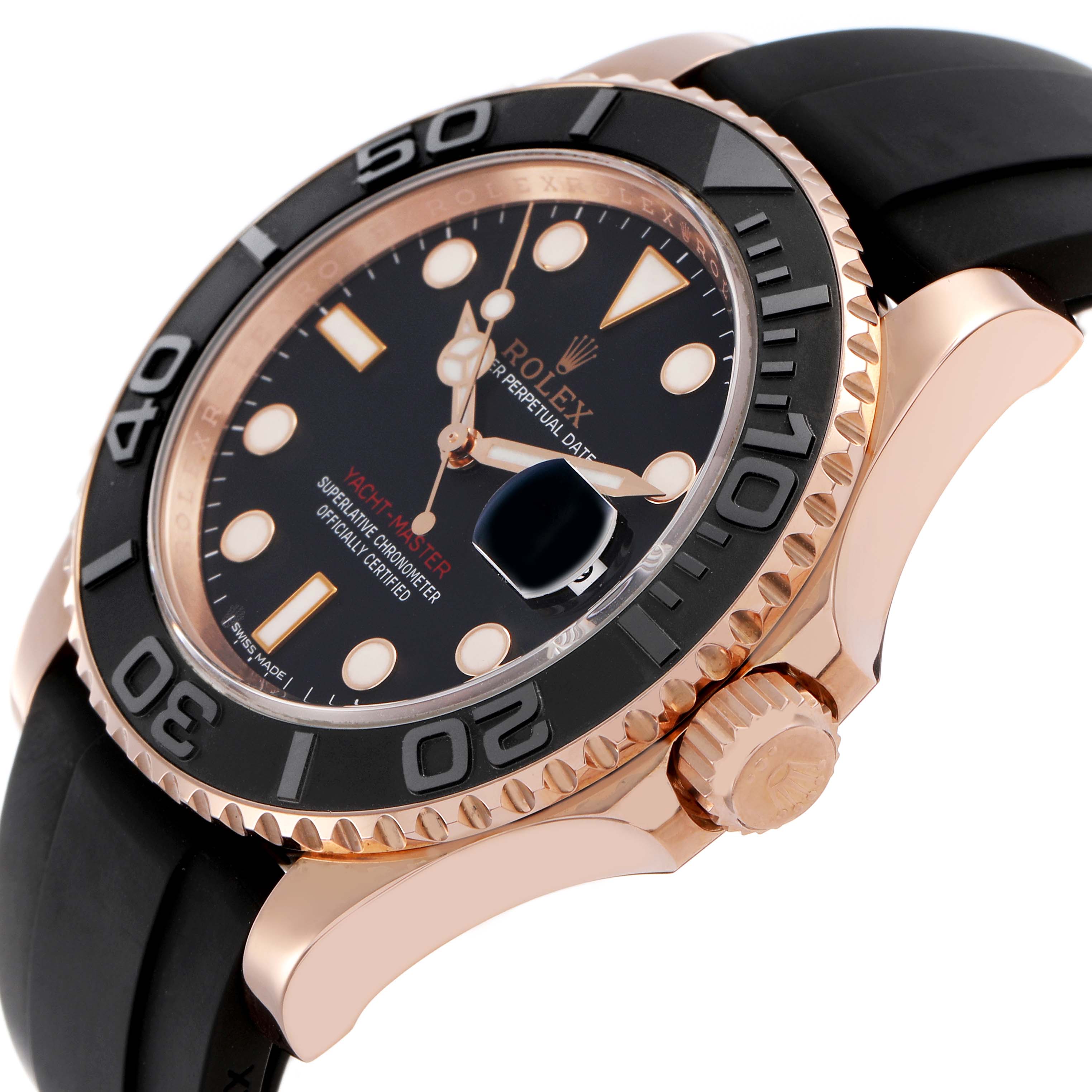 This image shows a Rolex Yacht-Master 116655 Men's Rose Gold Black Dial watch at an angle highlighting the bezel, crown, and part of the bracelet.