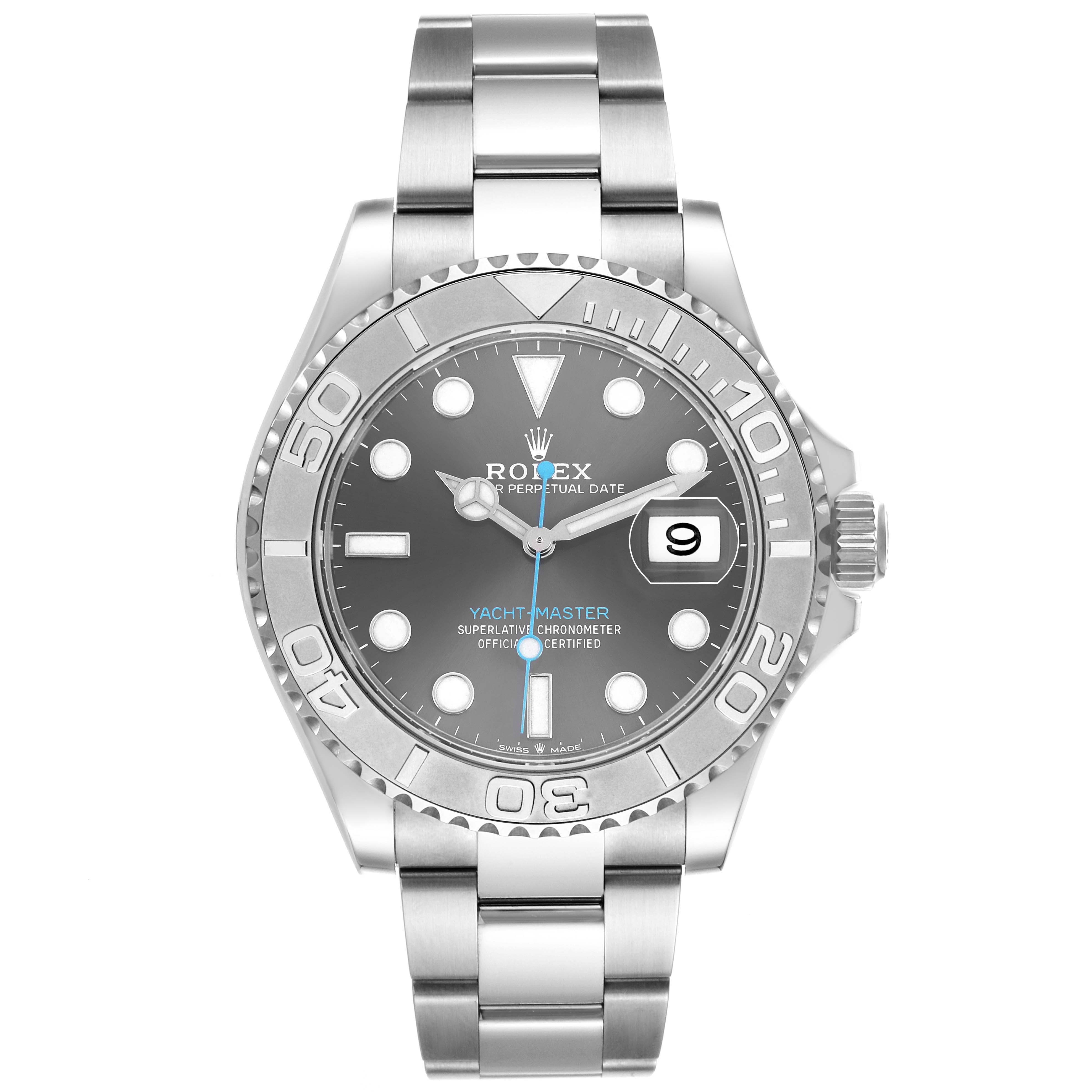 The Rolex Yacht-Master M126622-0001 Men's Stainless Steel Grey Dial watch is shown from the front, highlighting its face, bezel, bracelet, and date display.