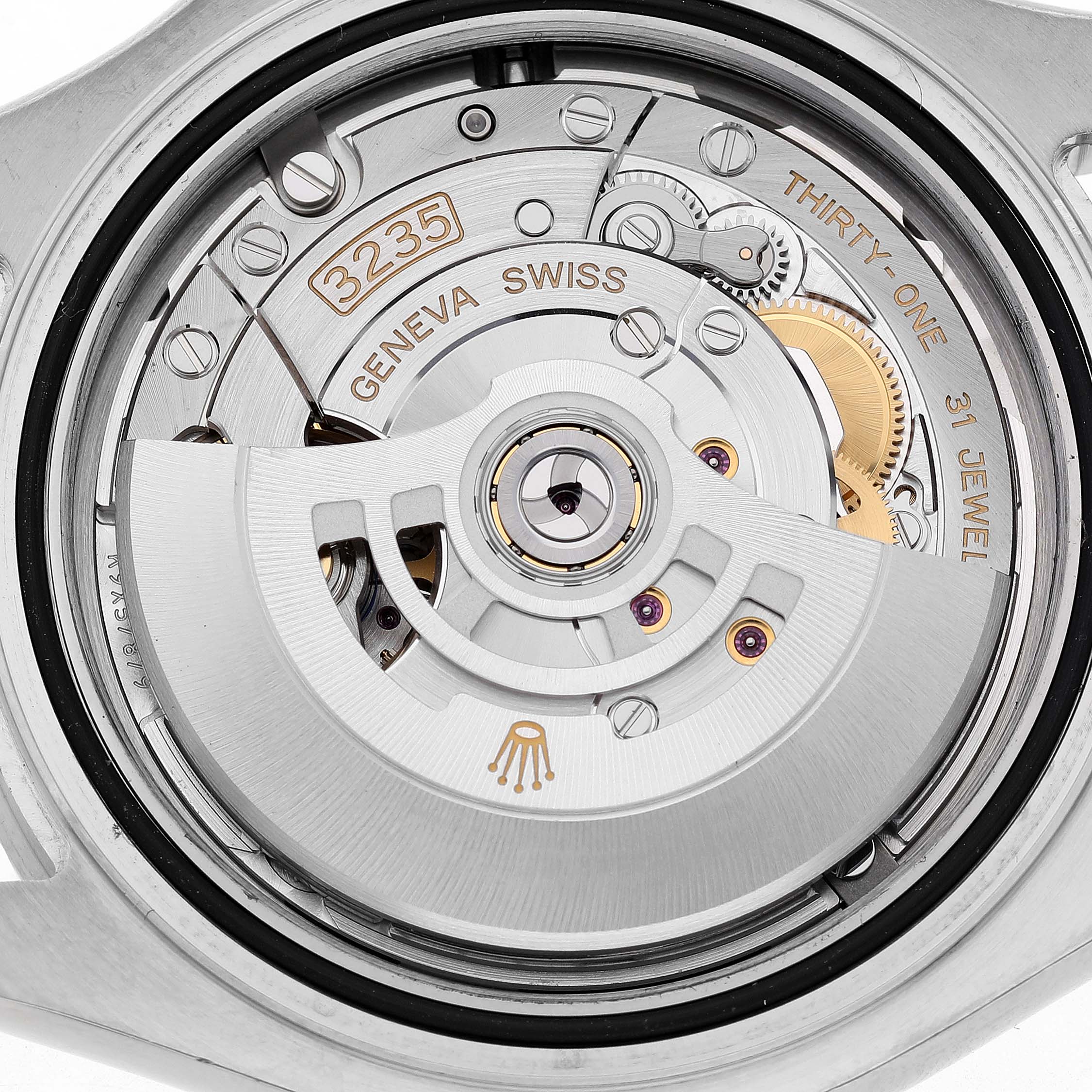 The image shows the back view of the Rolex Yacht-Master M126622-0001 Men's Stainless Steel Grey Dial, focusing on its intricate movement and rotor mechanism.