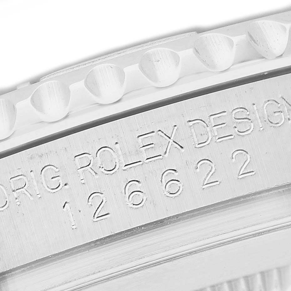The image shows a close-up of the Rolex Yacht-Master M126622-0001 Men's Stainless Steel Grey Dial watch's bezel and engraved design details.