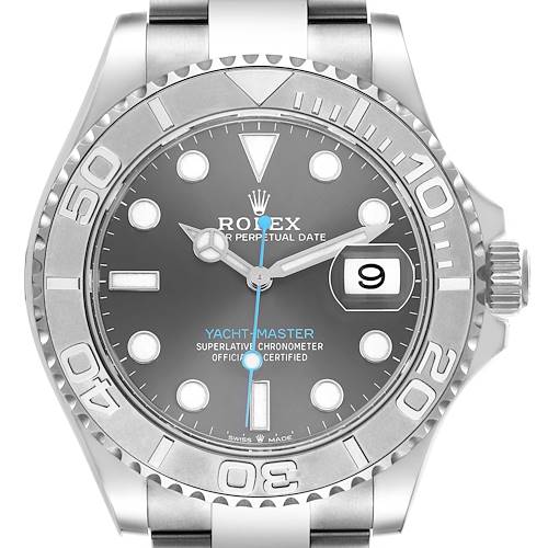The image shows a frontal view of the Rolex Yacht-Master M126622-0001 Men's Stainless Steel Grey Dial watch, highlighting its dial, bezel, and bracelet.