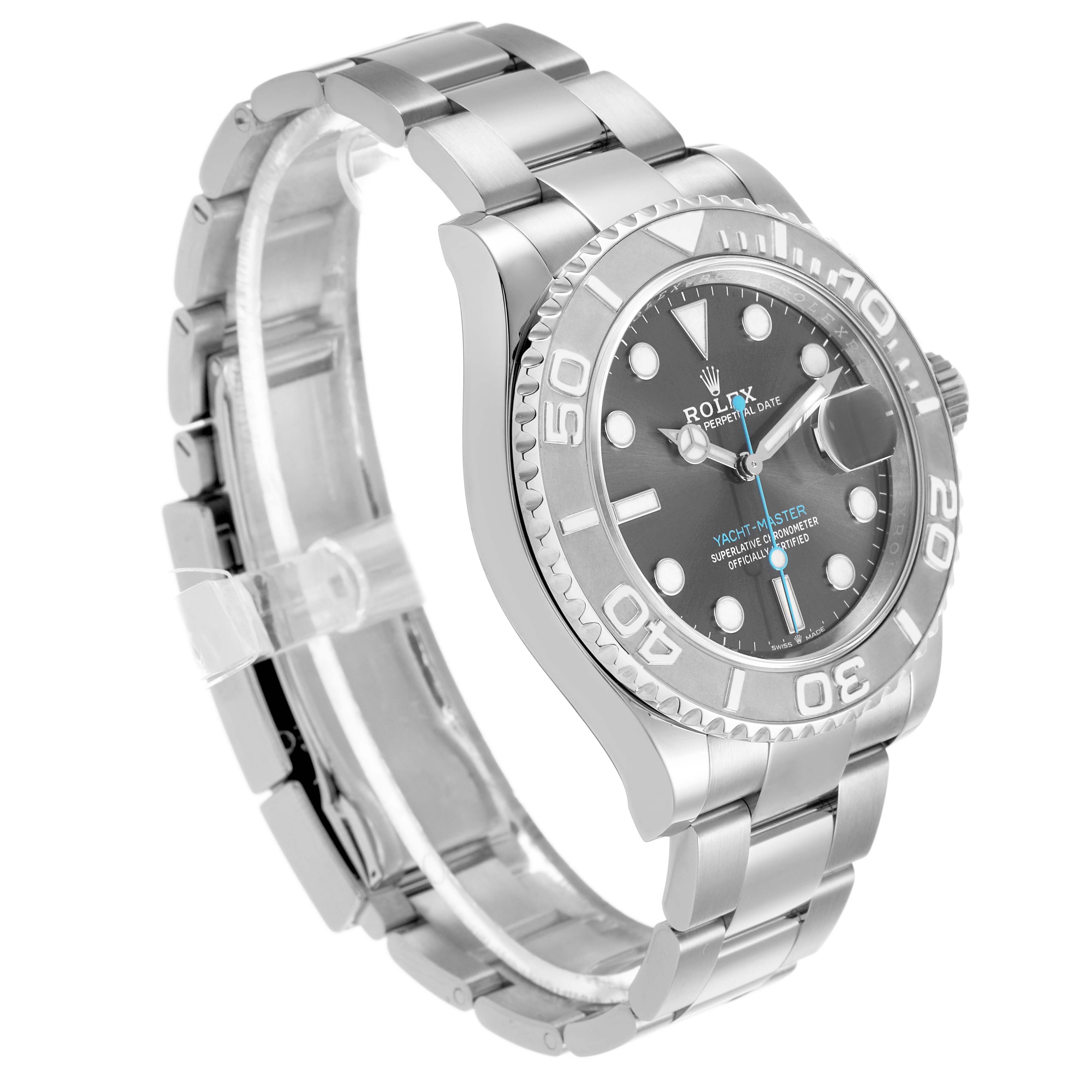 The Yacht-Master by Rolex is shown at a three-quarter angle, highlighting the bezel, dial, and bracelet prominently.