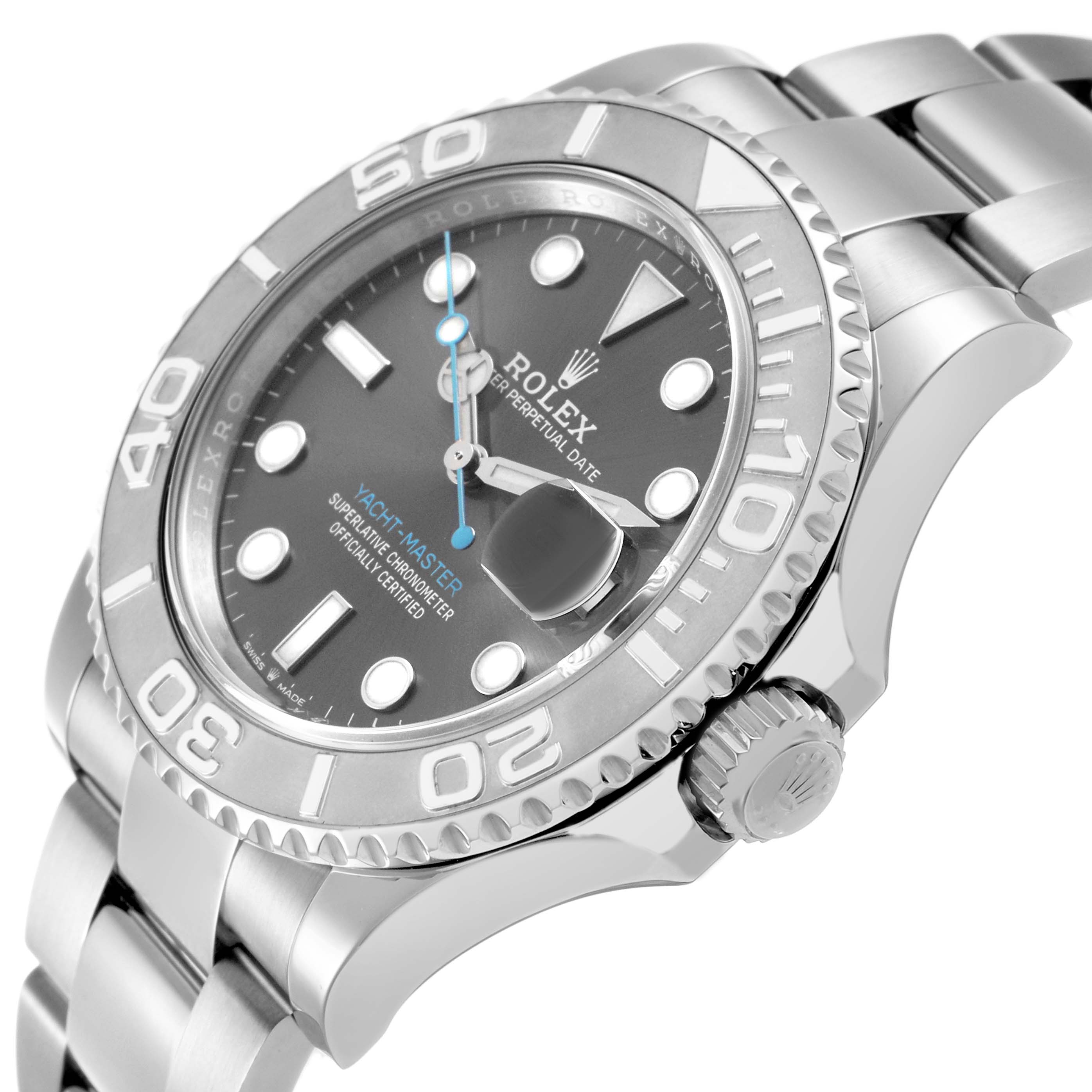 The Rolex Yacht-Master M126622-0001 Men's Stainless Steel Grey Dial watch is shown at a slight angle, highlighting the dial, bezel, crown, and bracelet.