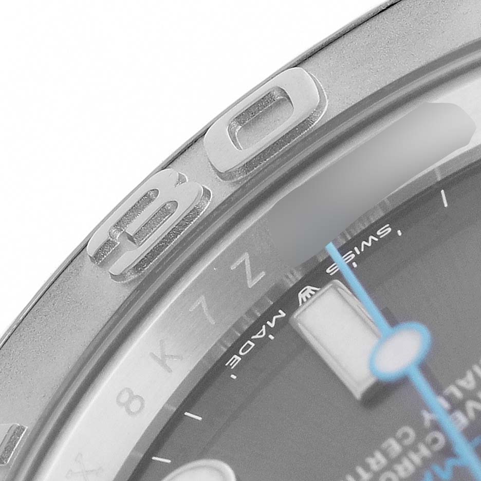 The image shows a close-up of the Rolex Yacht-Master M126622-0001 Men's Stainless Steel Grey Dial bezel and part of the face, highlighting the engraved numerals and markers.