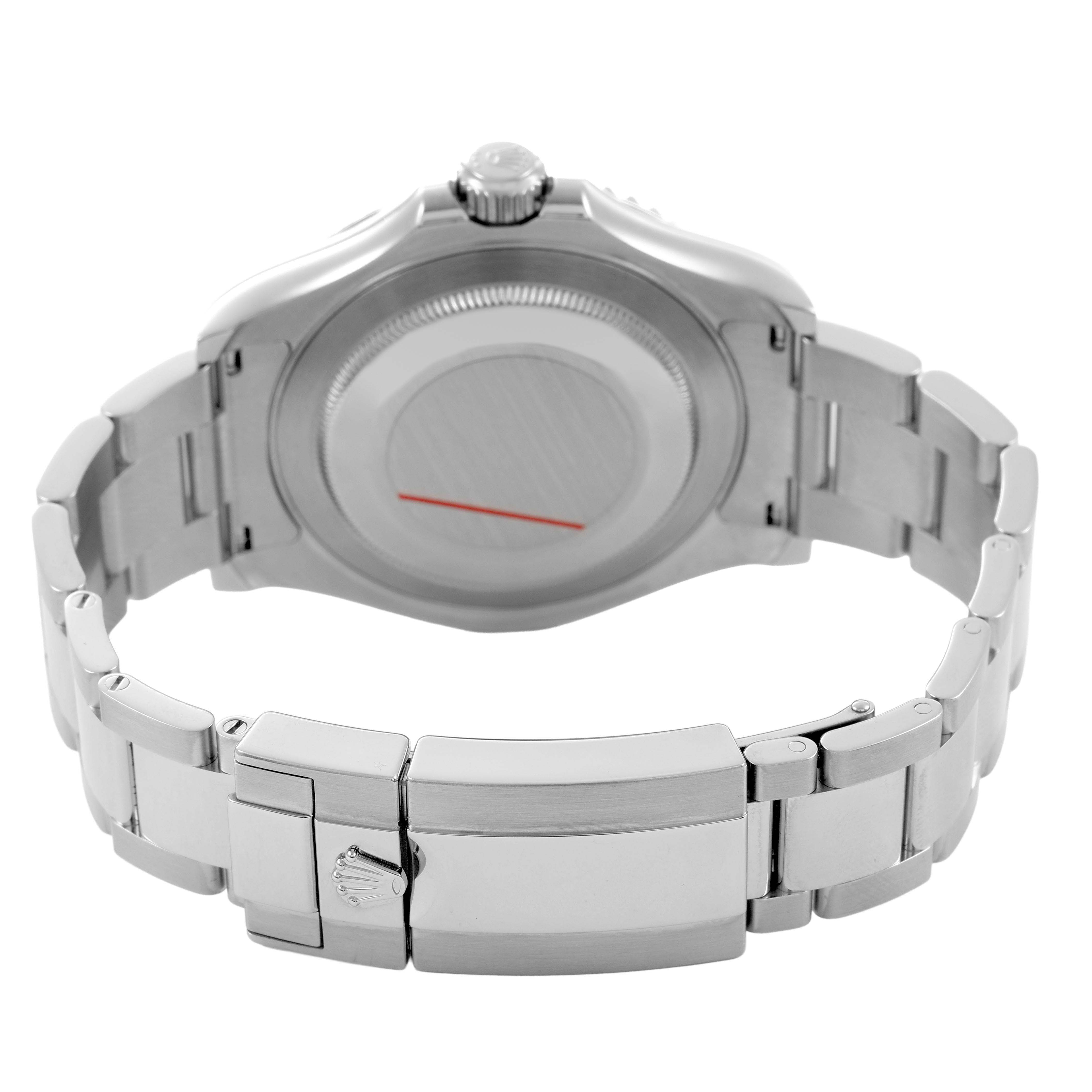 The image shows the back view of a Rolex Yacht-Master M126622-0001 Men's Stainless Steel Grey Dial watch highlighting the clasp and case back.
