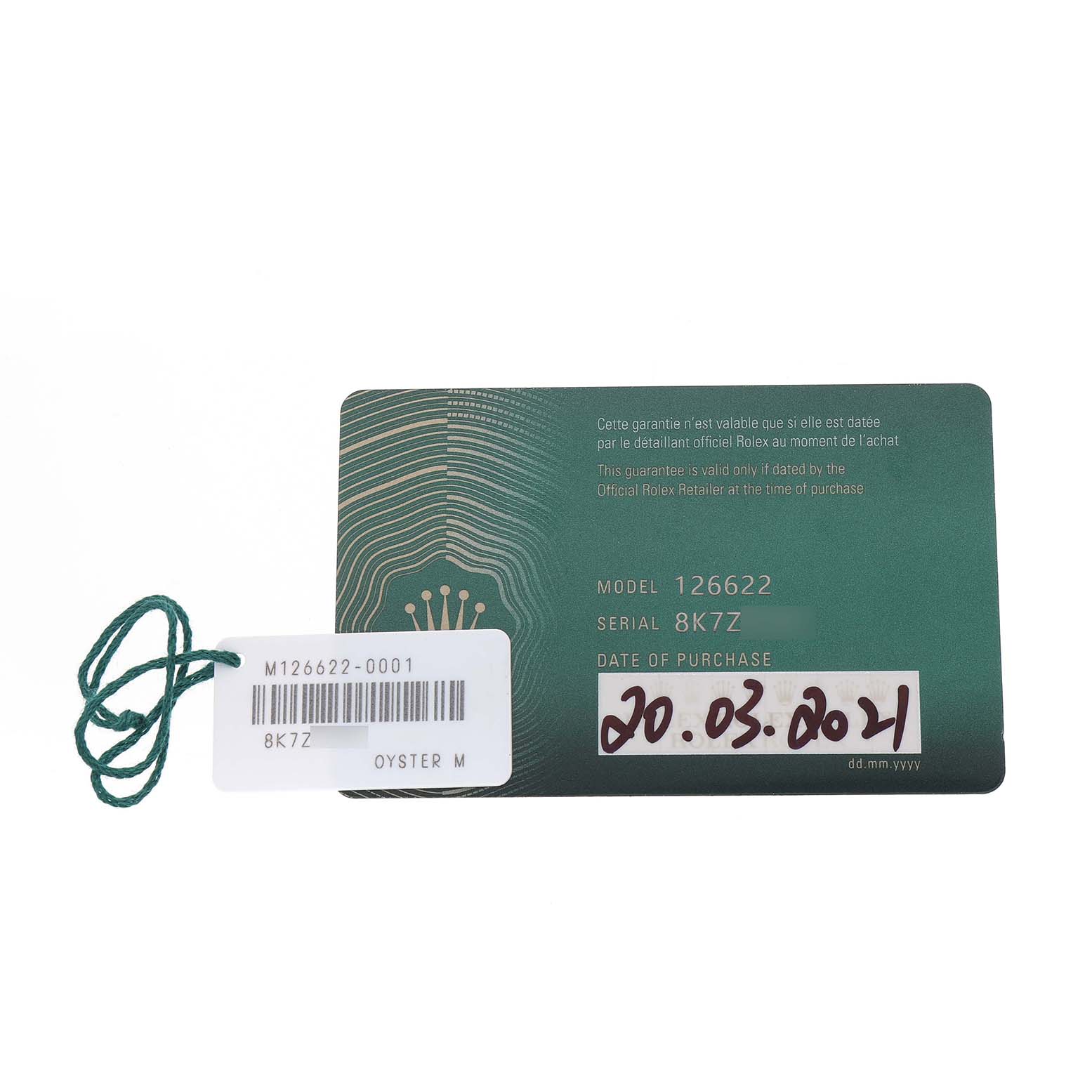 The image shows a warranty card and tag for the Rolex Yacht-Master M126622-0001 Men's Stainless Steel Grey Dial watch, displaying the model and serial numbers.