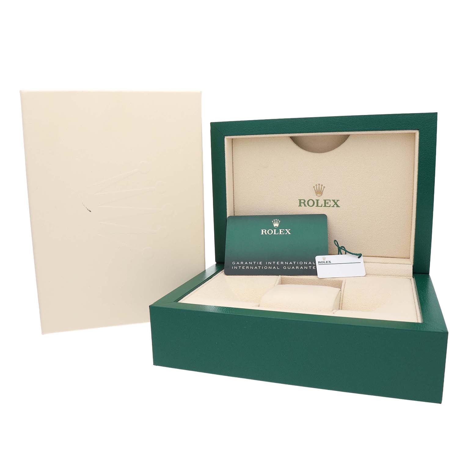 The image shows the open box and documentation for a Rolex Yacht-Master M126622-0001 Men's Stainless Steel Grey Dial watch, angled to display the interior and accessories.