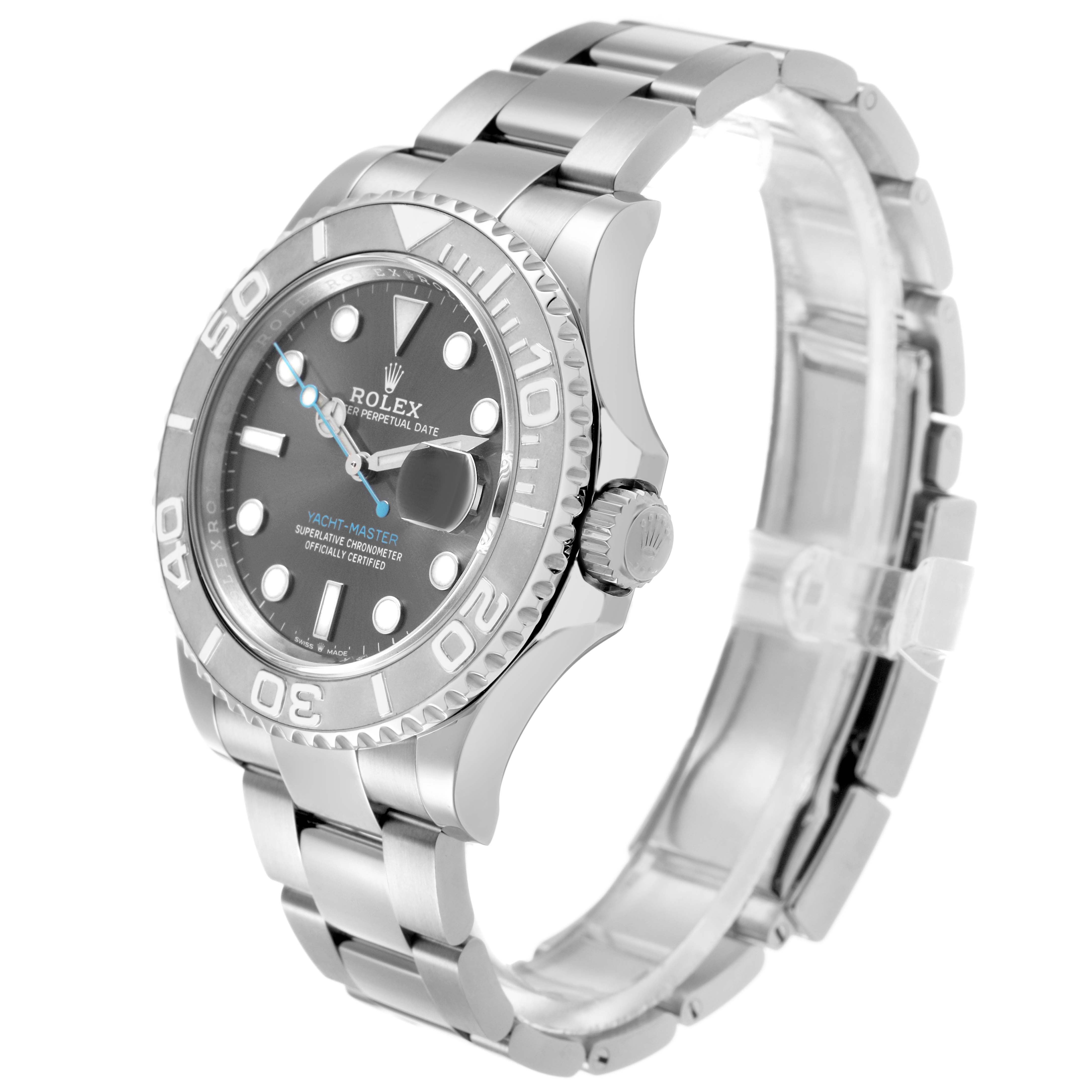 The image shows a side and front angle of the Rolex Yacht-Master M126622-0001 Men's Stainless Steel Grey Dial watch, highlighting the dial, bezel, crown, and bracelet.