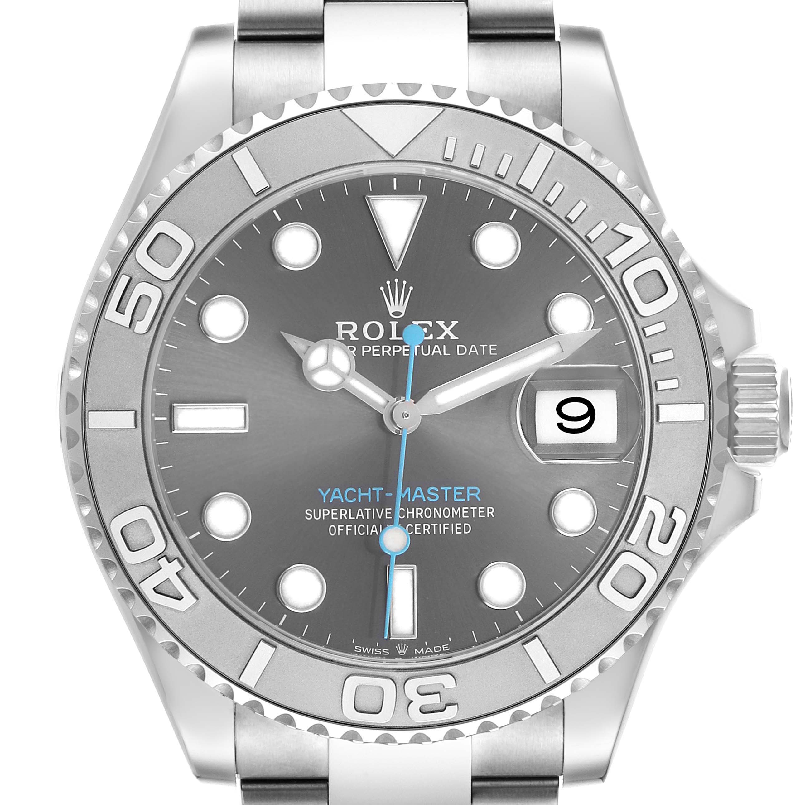 The Rolex Yacht-Master 116622 Men's Stainless Steel Grey Dial watch is shown from the front, highlighting its bezel, dial, hands, and date window.