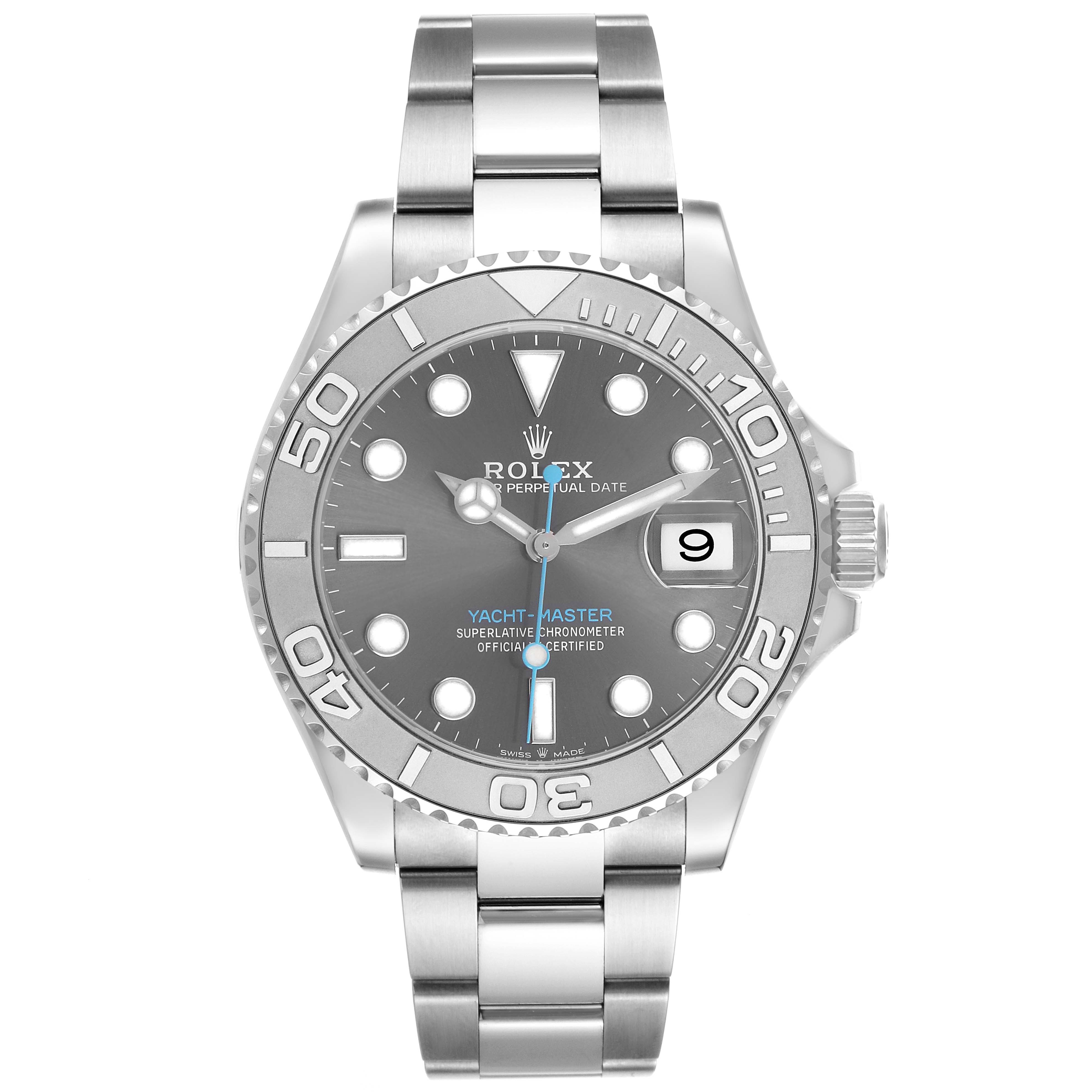 The image shows a frontal view of a Rolex Yacht-Master 116622 Men's Stainless Steel Grey Dial watch, highlighting the dial, bezel, crown, and bracelet.