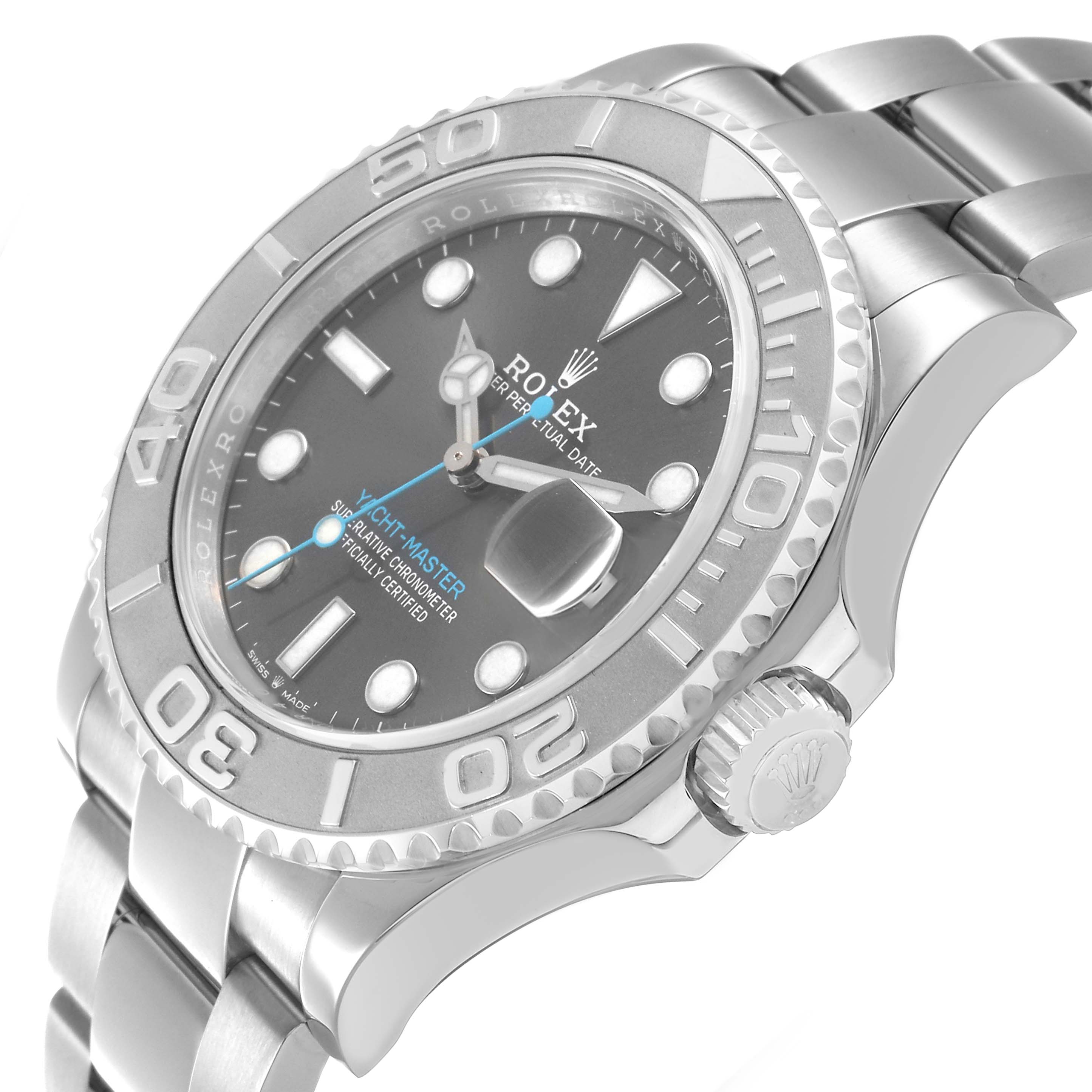 The Rolex Yacht-Master 116622 Men's Stainless Steel Grey Dial watch is shown at a slight side angle, highlighting the bezel, dial, and part of the bracelet.