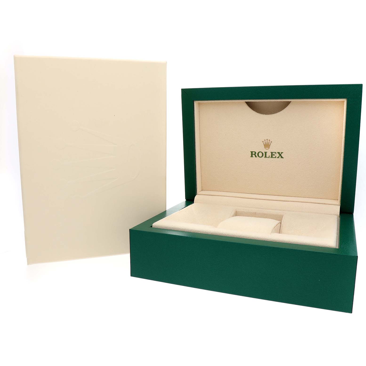 The image shows a Rolex Yacht-Master 116622 Men's Stainless Steel Grey Dial watch box set at an angle, featuring its green case and beige interior.